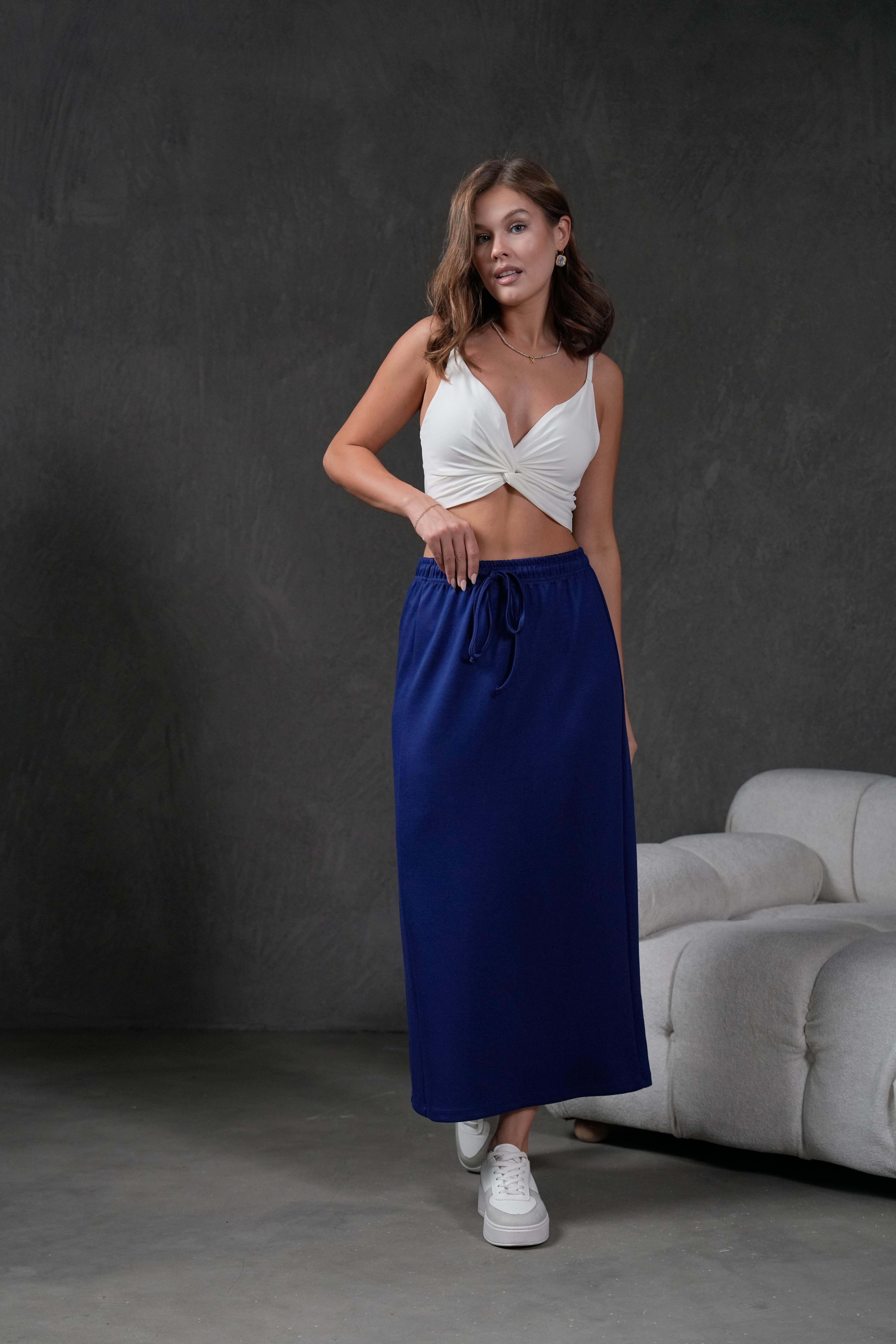 İndigo Örme Modal Beli Lastikli Yırtmaçlı Uzun Kadın Etek 28035