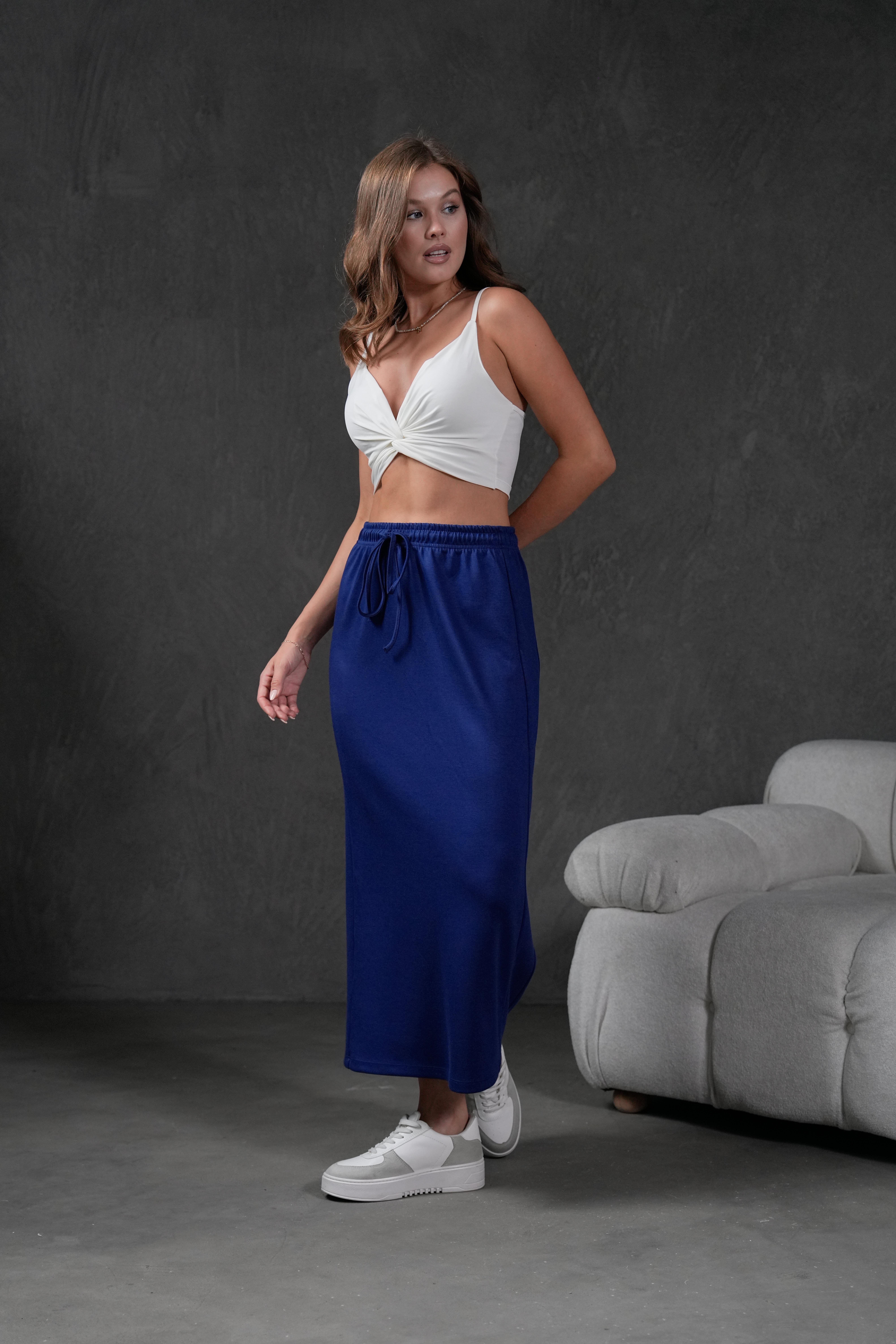 İndigo Örme Modal Beli Lastikli Yırtmaçlı Uzun Kadın Etek 28035