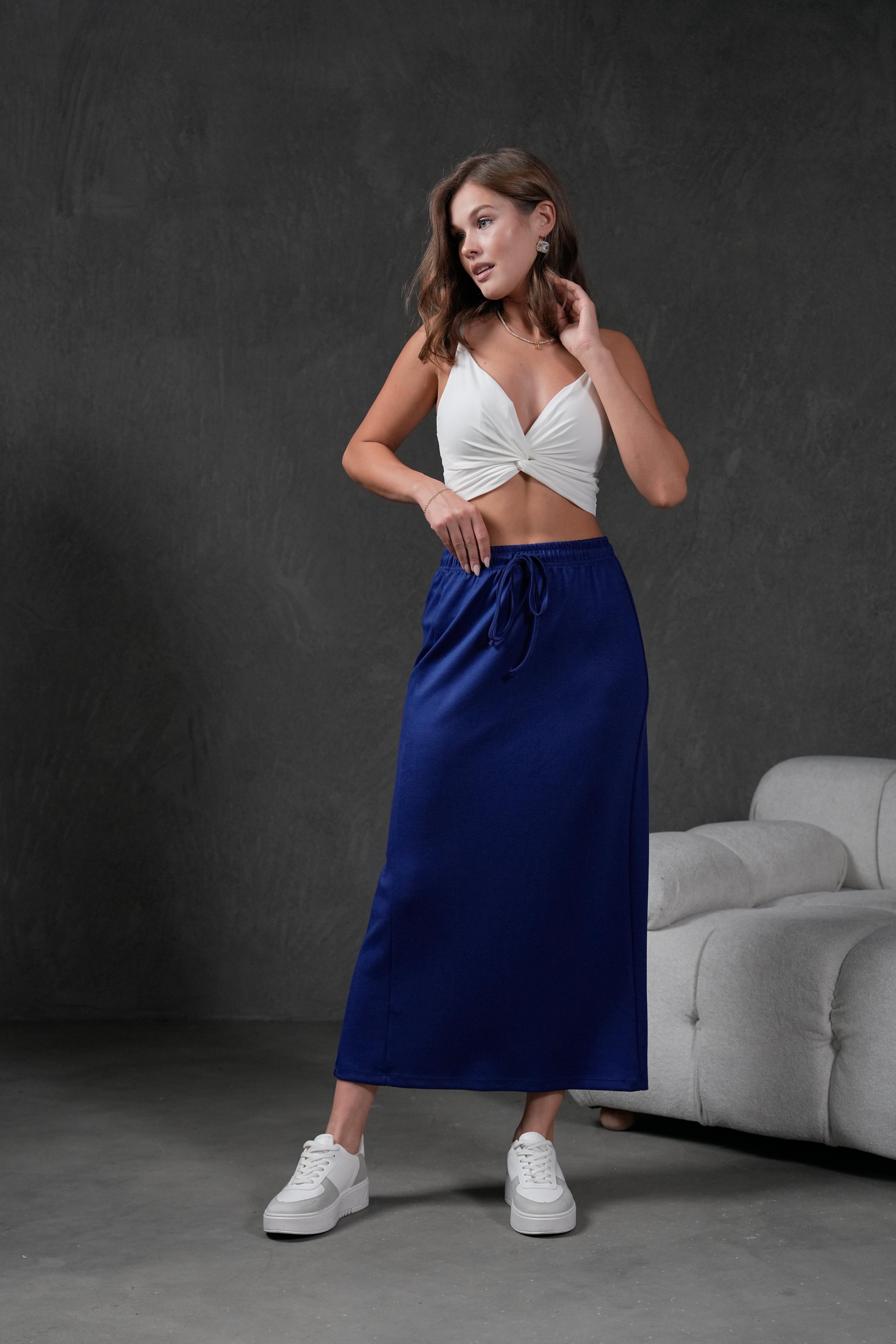 İndigo Örme Modal Beli Lastikli Yırtmaçlı Uzun Kadın Etek 28035