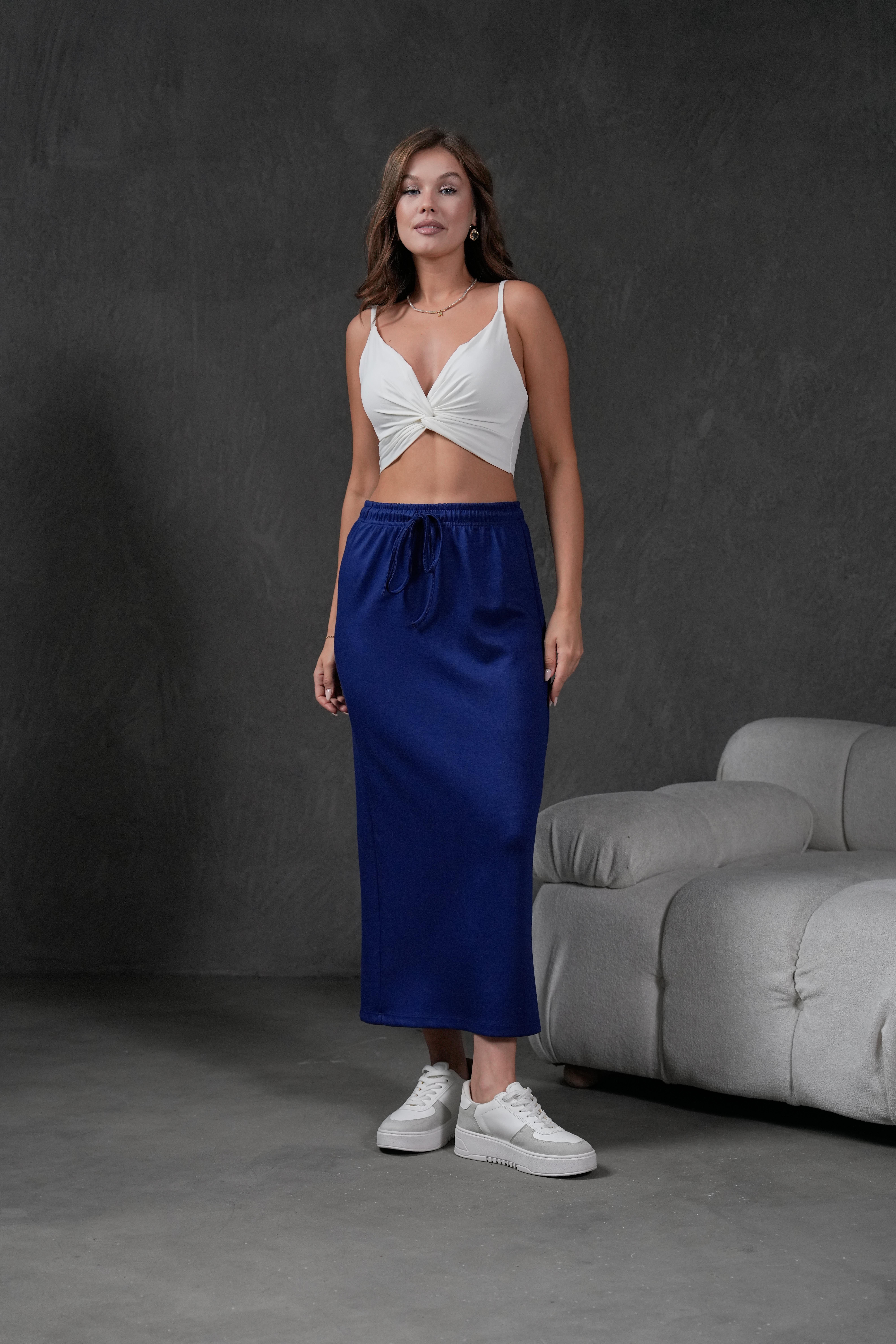 İndigo Örme Modal Beli Lastikli Yırtmaçlı Uzun Kadın Etek 28035