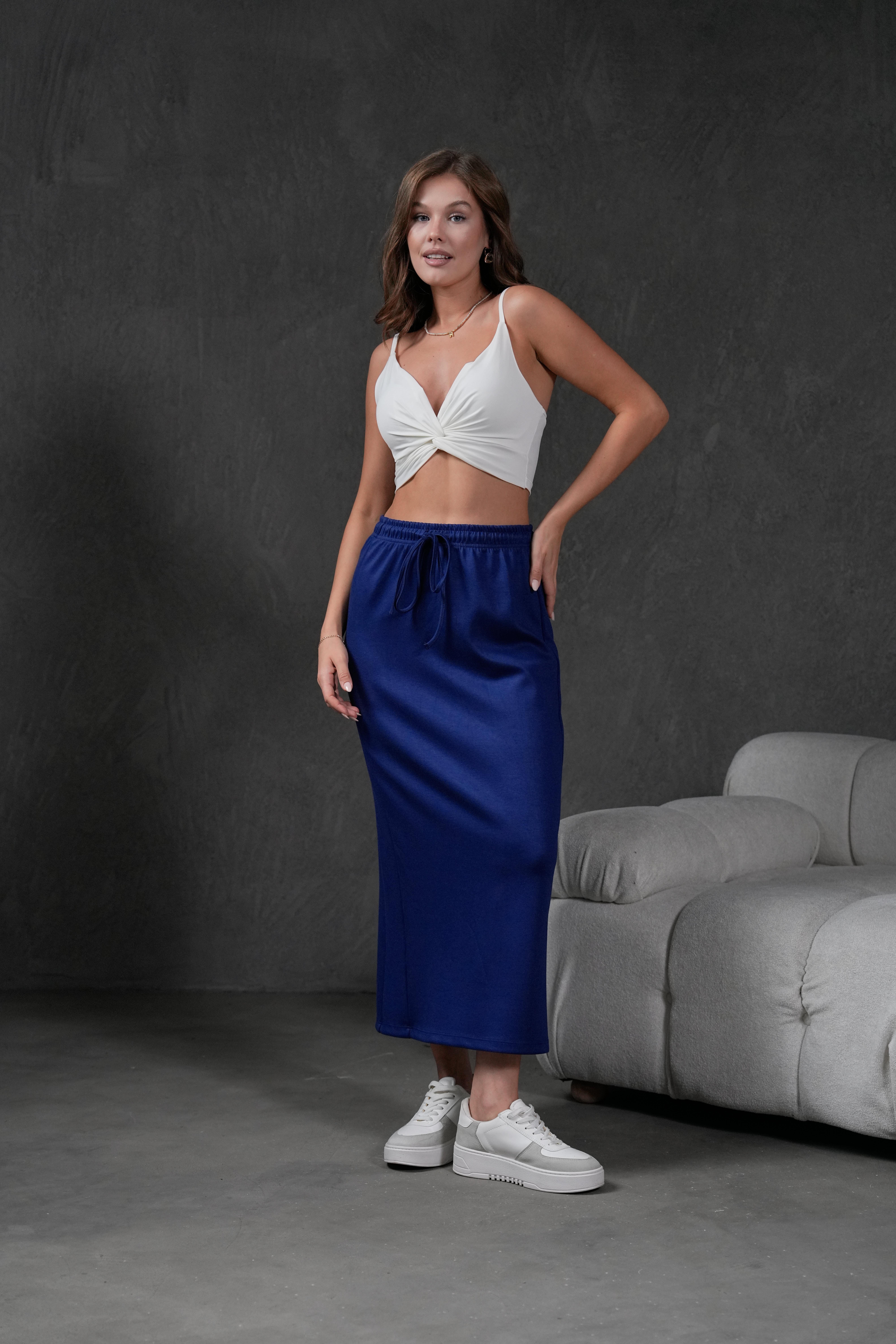 İndigo Örme Modal Beli Lastikli Yırtmaçlı Uzun Kadın Etek 28035
