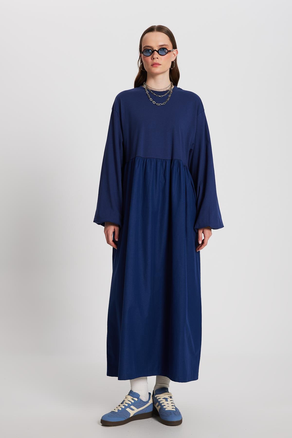 İndigo Üstü Penye Altı Dokuma Oversize Uzun Kollu Uzun Elbise 28169