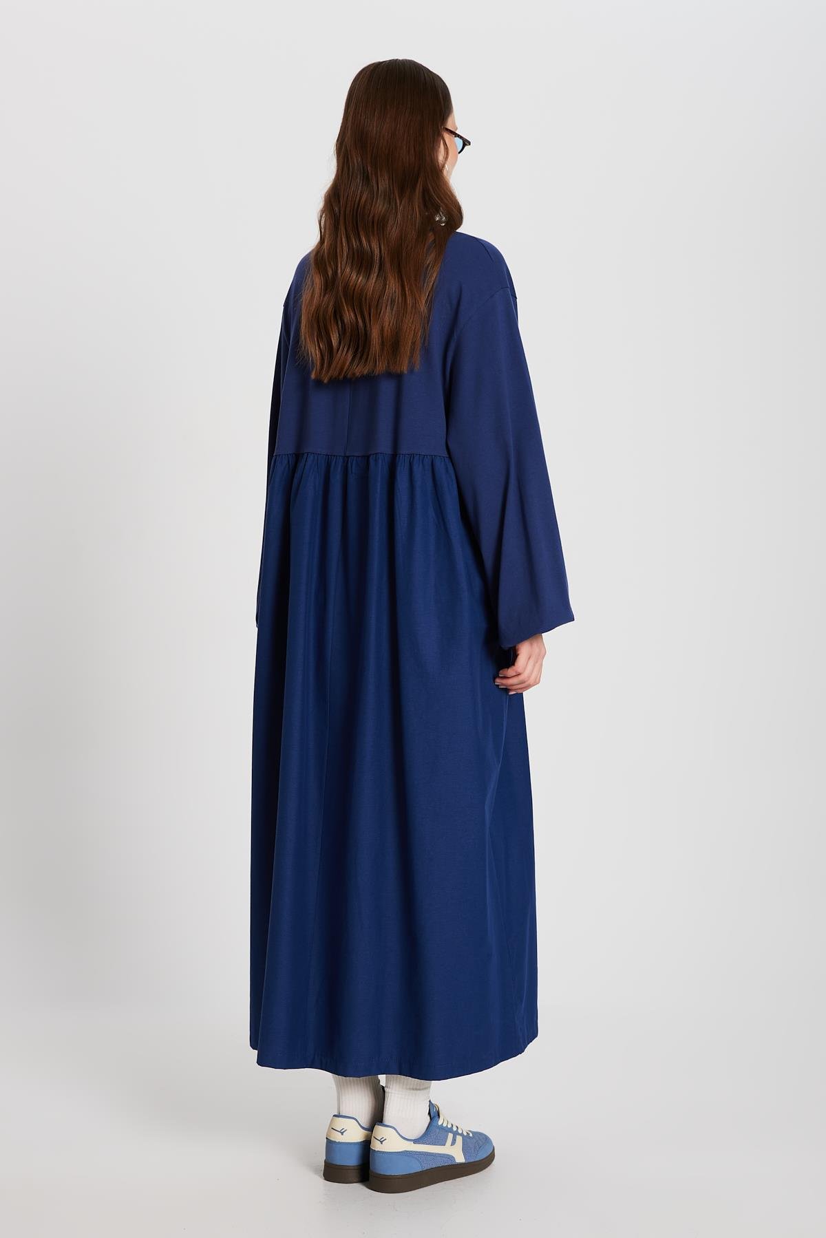 İndigo Üstü Penye Altı Dokuma Oversize Uzun Kollu Uzun Elbise 28169