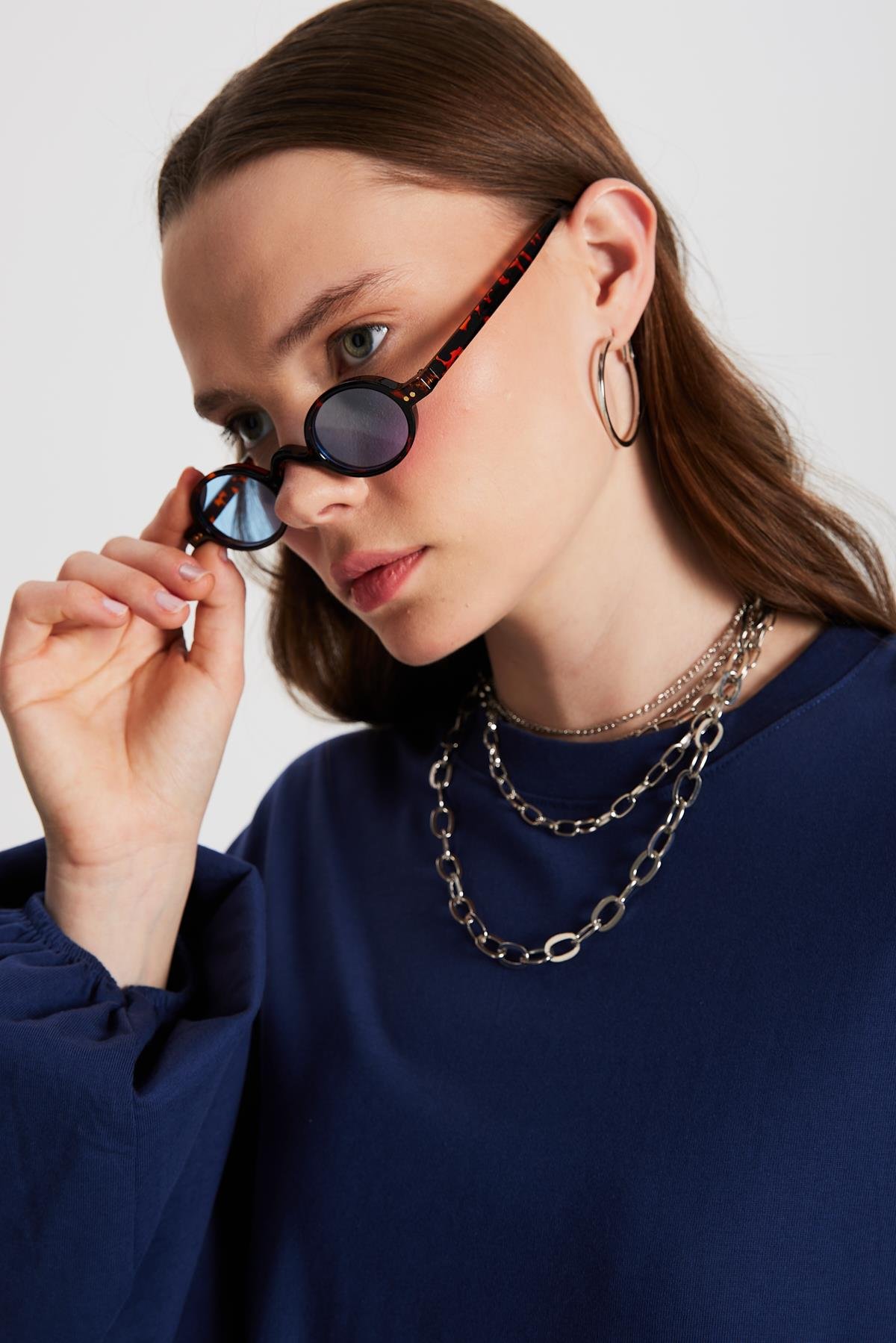 İndigo Üstü Penye Altı Dokuma Oversize Uzun Kollu Uzun Elbise 28169