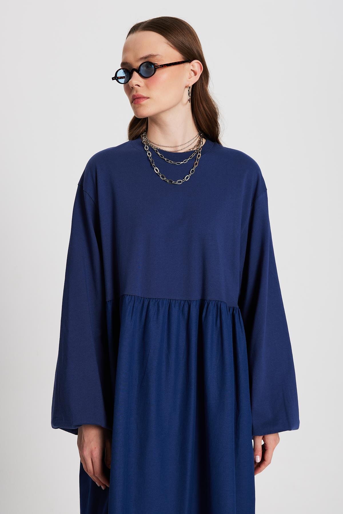 İndigo Üstü Penye Altı Dokuma Oversize Uzun Kollu Uzun Elbise 28169