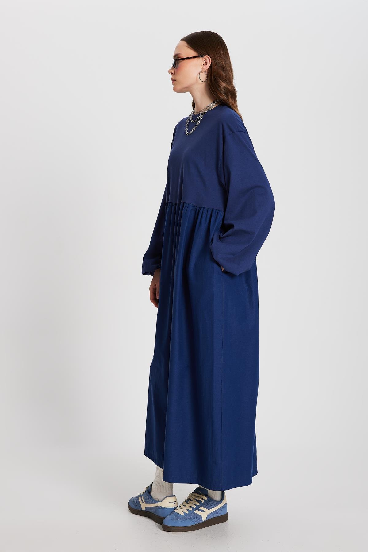 İndigo Üstü Penye Altı Dokuma Oversize Uzun Kollu Uzun Elbise 28169
