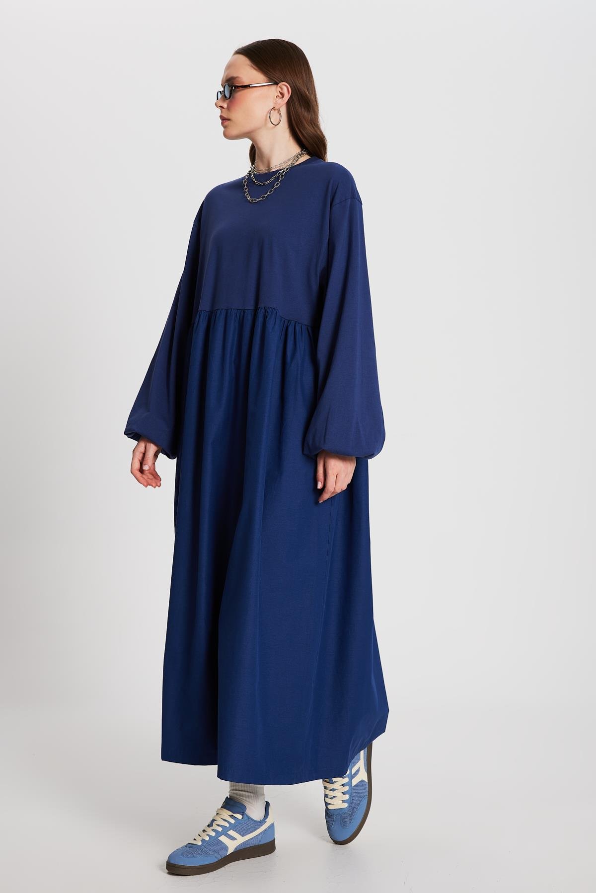 İndigo Üstü Penye Altı Dokuma Oversize Uzun Kollu Uzun Elbise 28169