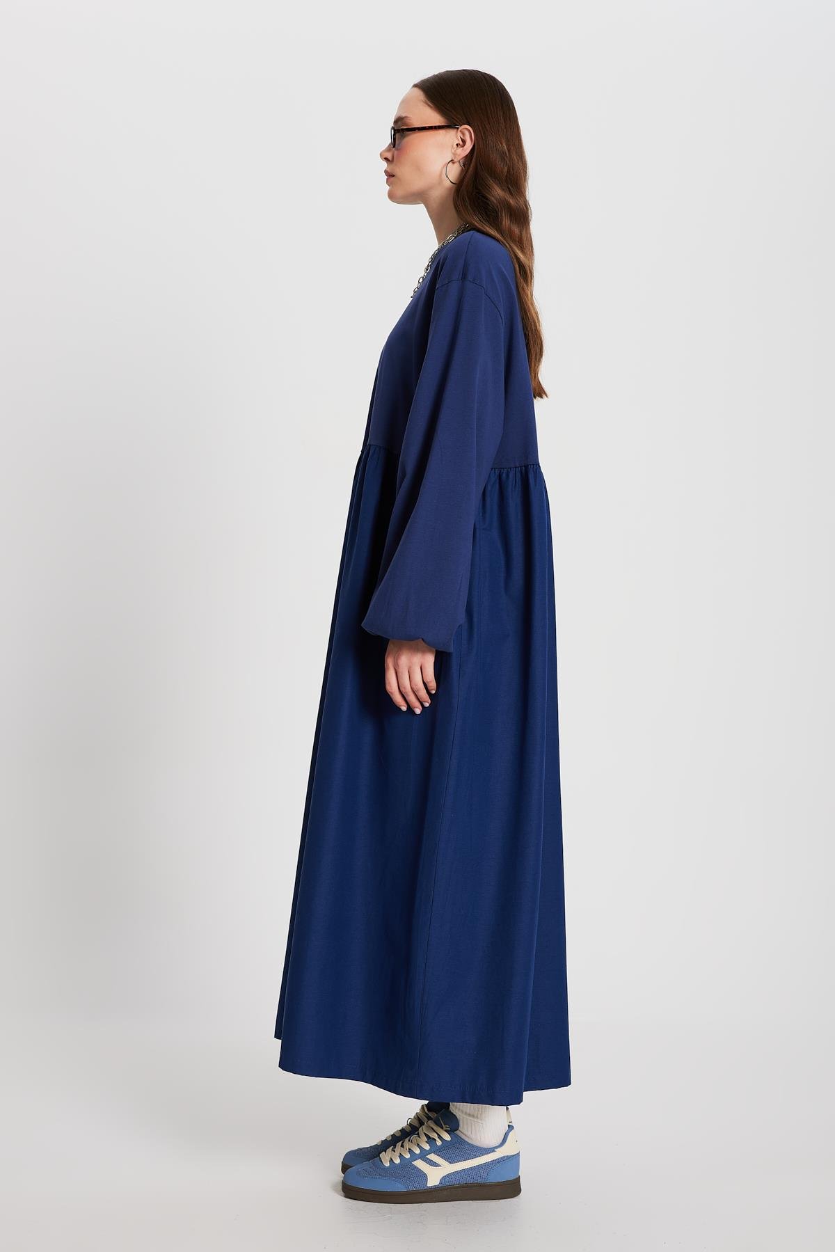 İndigo Üstü Penye Altı Dokuma Oversize Uzun Kollu Uzun Elbise 28169