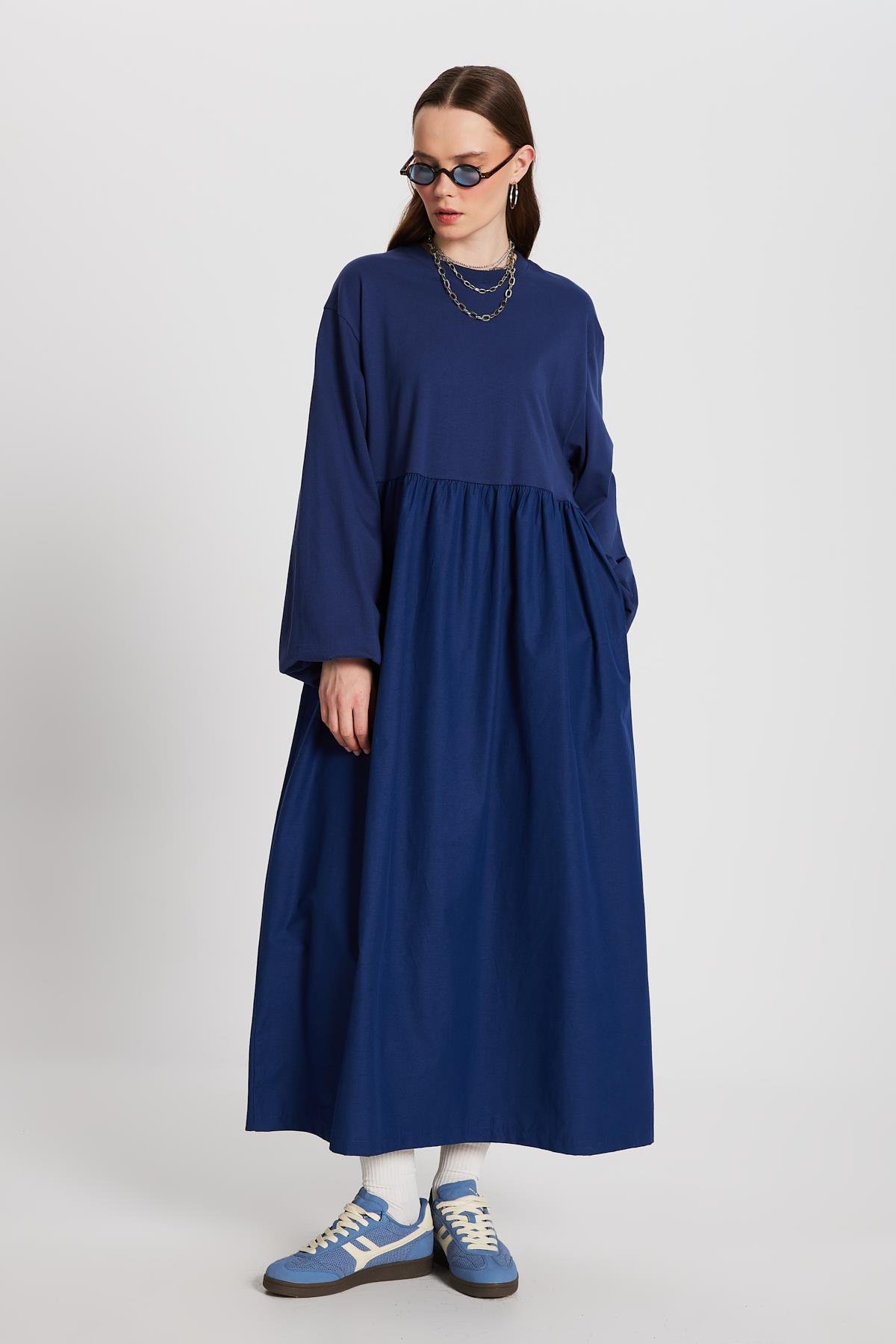 İndigo Üstü Penye Altı Dokuma Oversize Uzun Kollu Uzun Elbise 28169