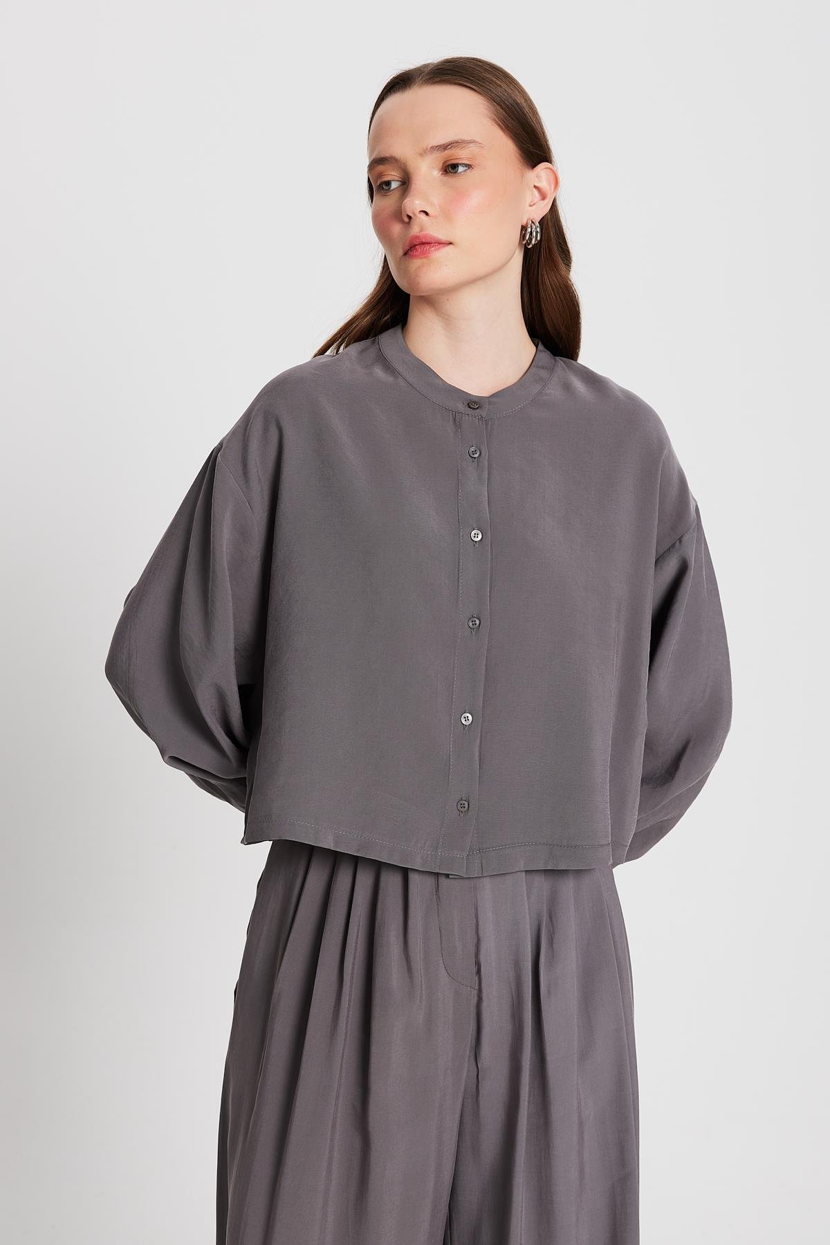 Kadın Antrasit %100 Modal Hakim Yaka Kısa Gömlek 29147