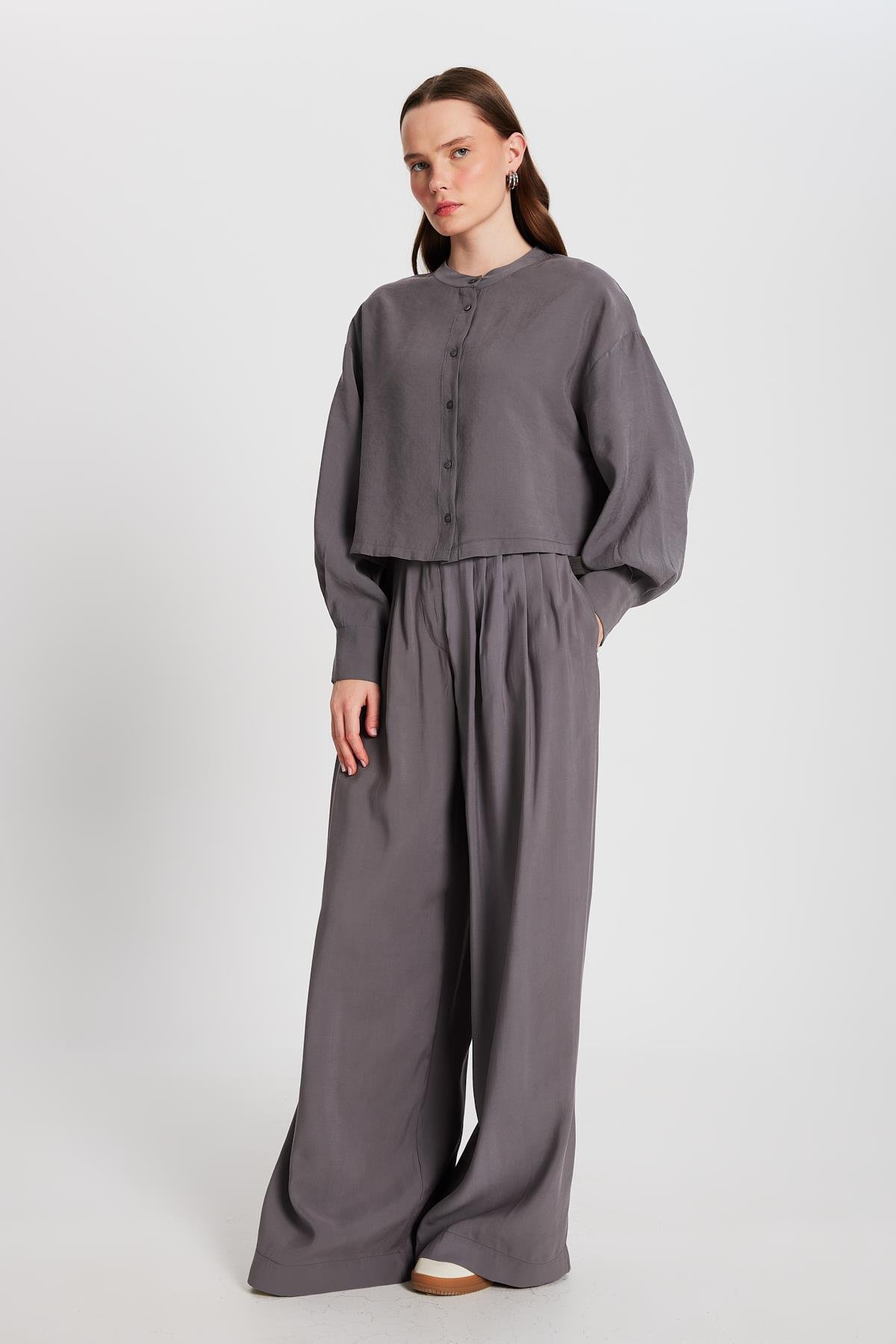 Kadın Antrasit %100 Modal Hakim Yaka Kısa Gömlek 29147