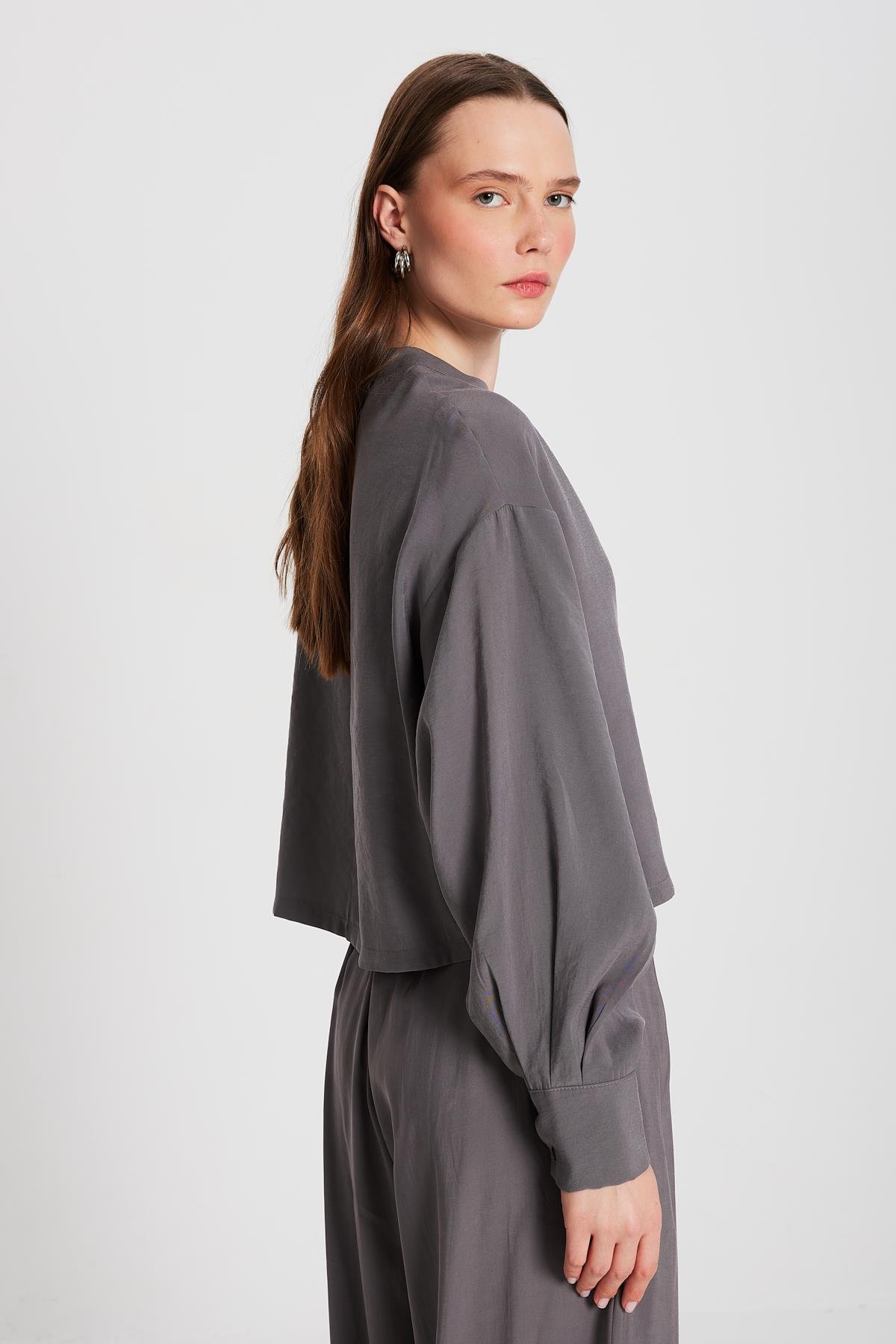 Kadın Antrasit %100 Modal Hakim Yaka Kısa Gömlek 29147
