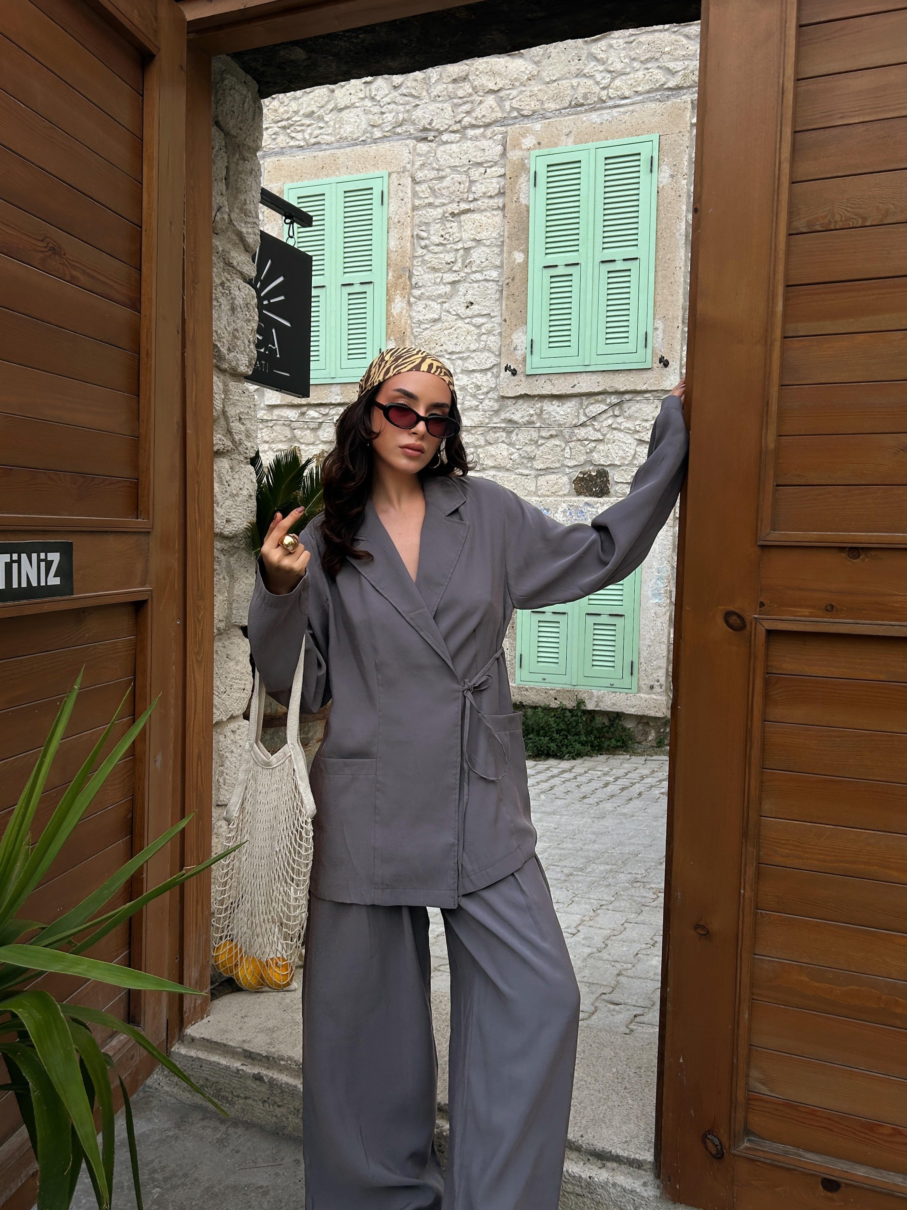 Kadın Antrasit %100 Modal Kumaş Bağlamalı Oversize Ceket 29106