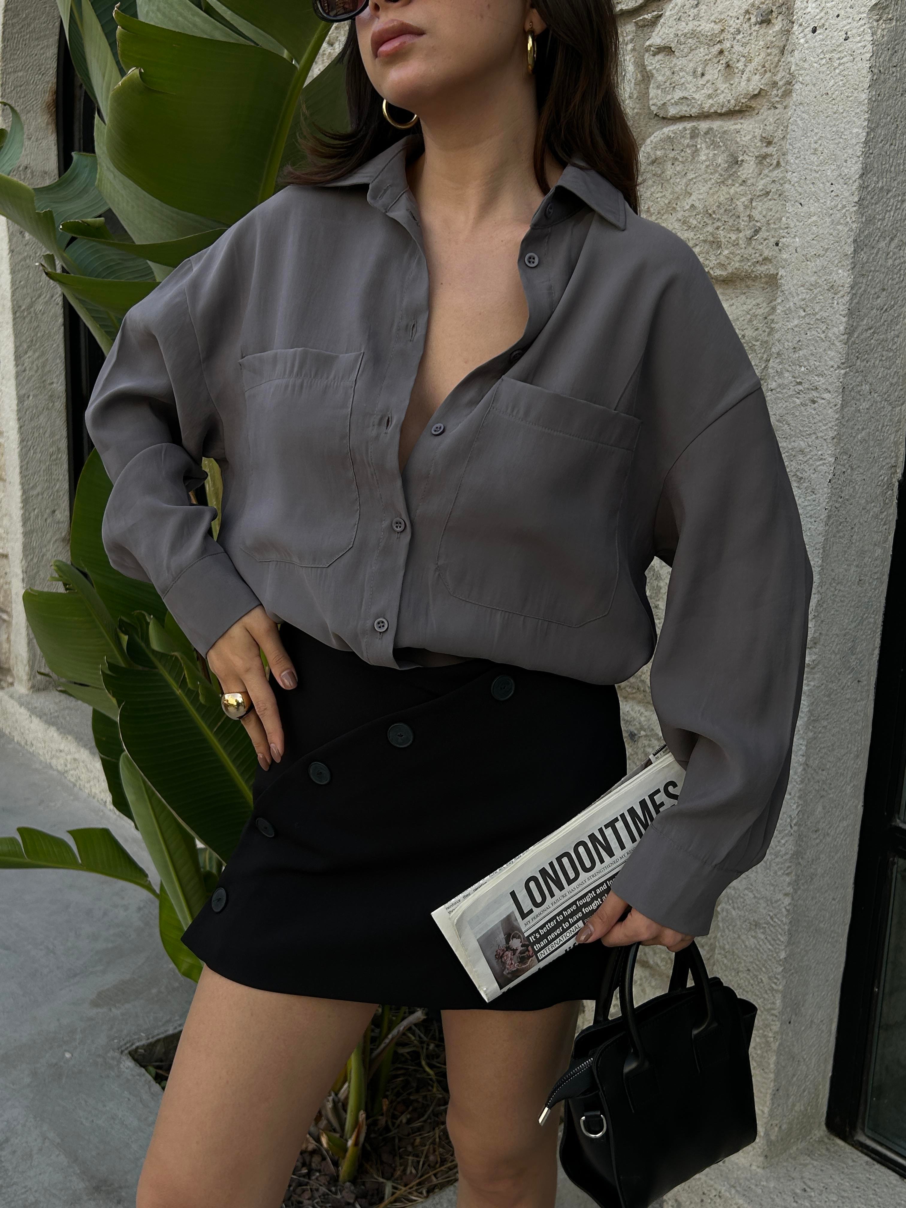 Kadın Antrasit %100 Modal Kumaş Cep Detaylı Oversize Uzun Gömlek 29108