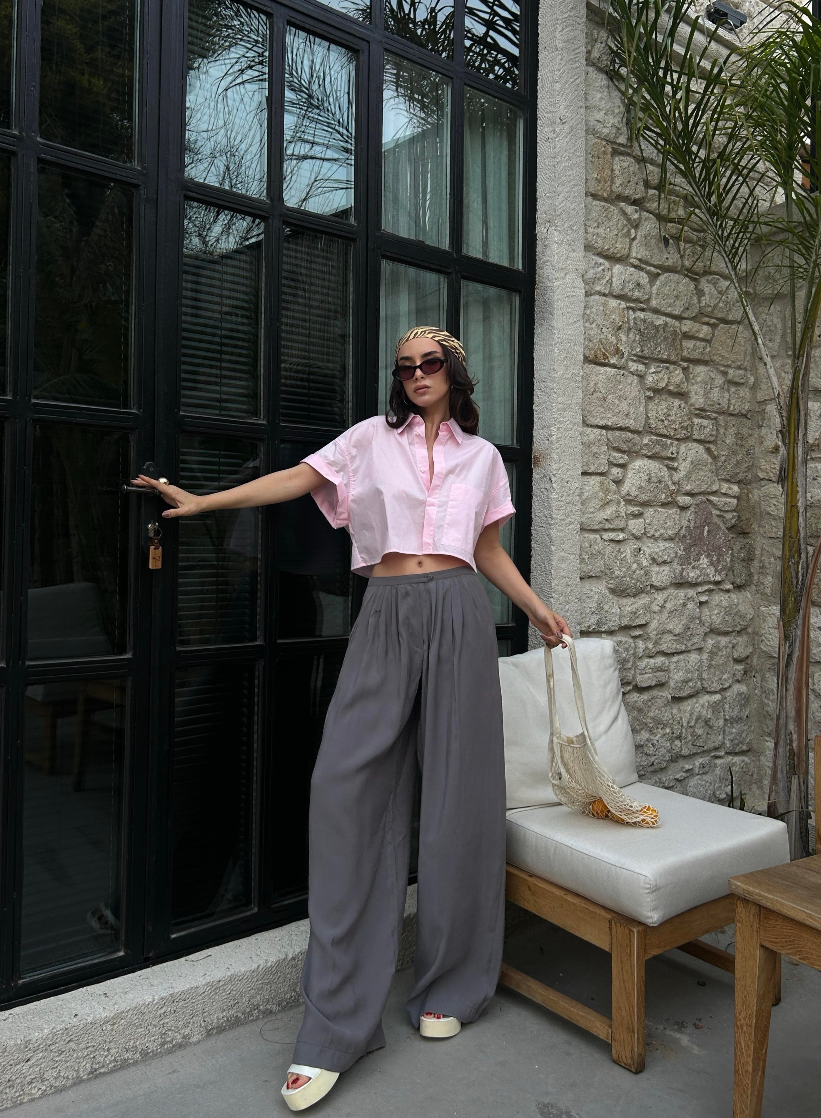 Kadın Antrasit %100 Modal Kumaş Pileli Geniş Kesim Pantolon 29110