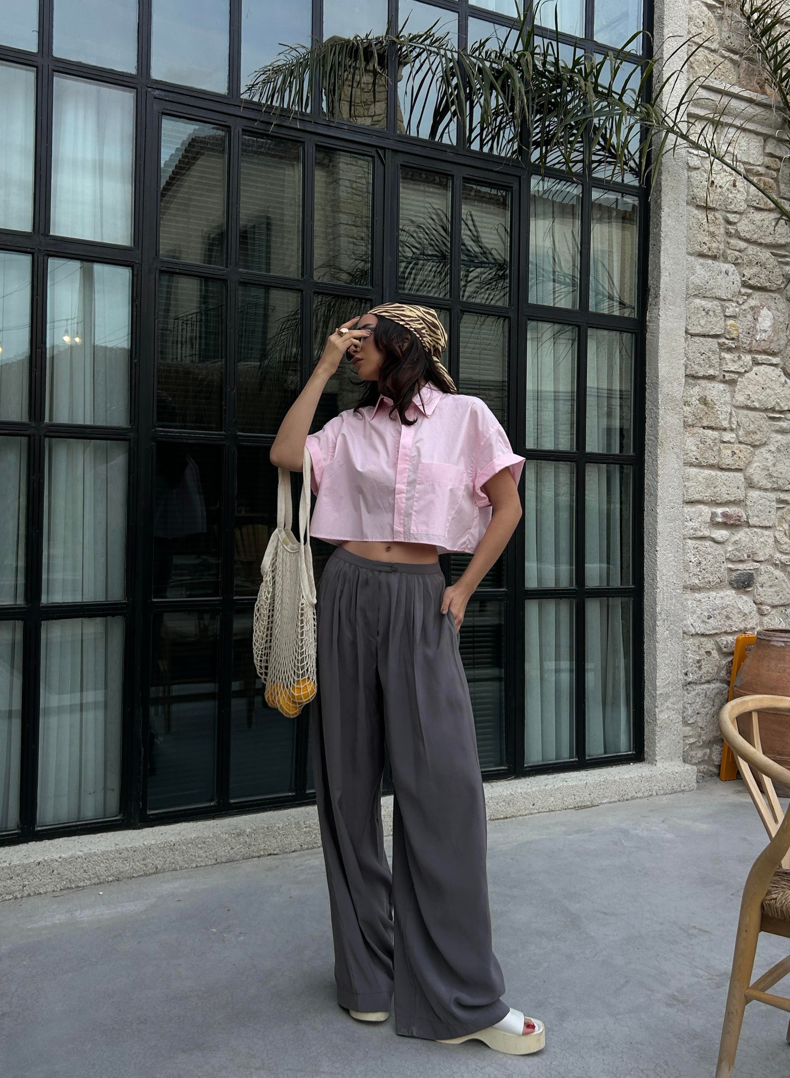 Kadın Antrasit %100 Modal Kumaş Pileli Geniş Kesim Pantolon 29110