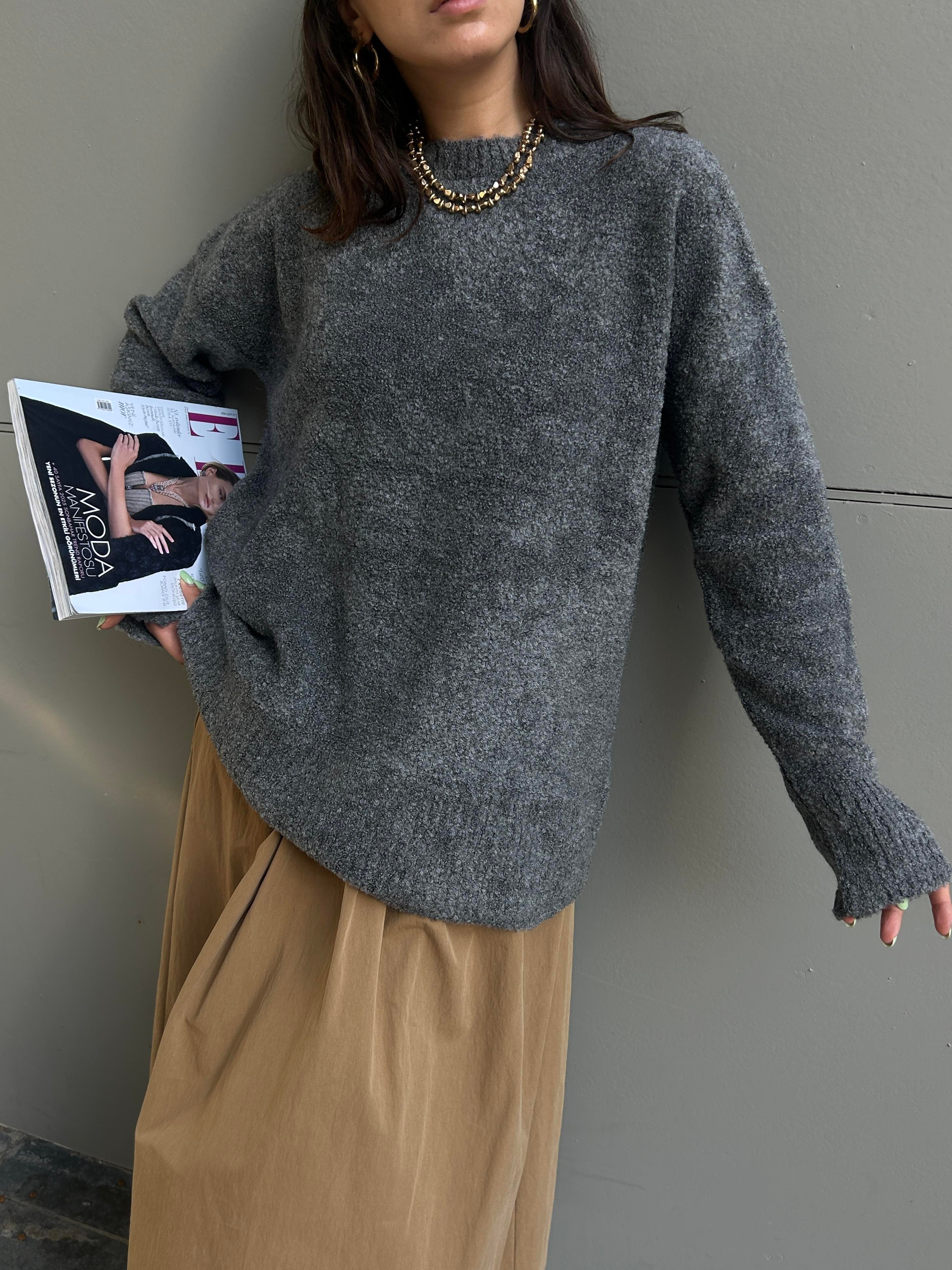 Kadın Antrasit Oversize Buklet Triko Uzun Kazak 6222