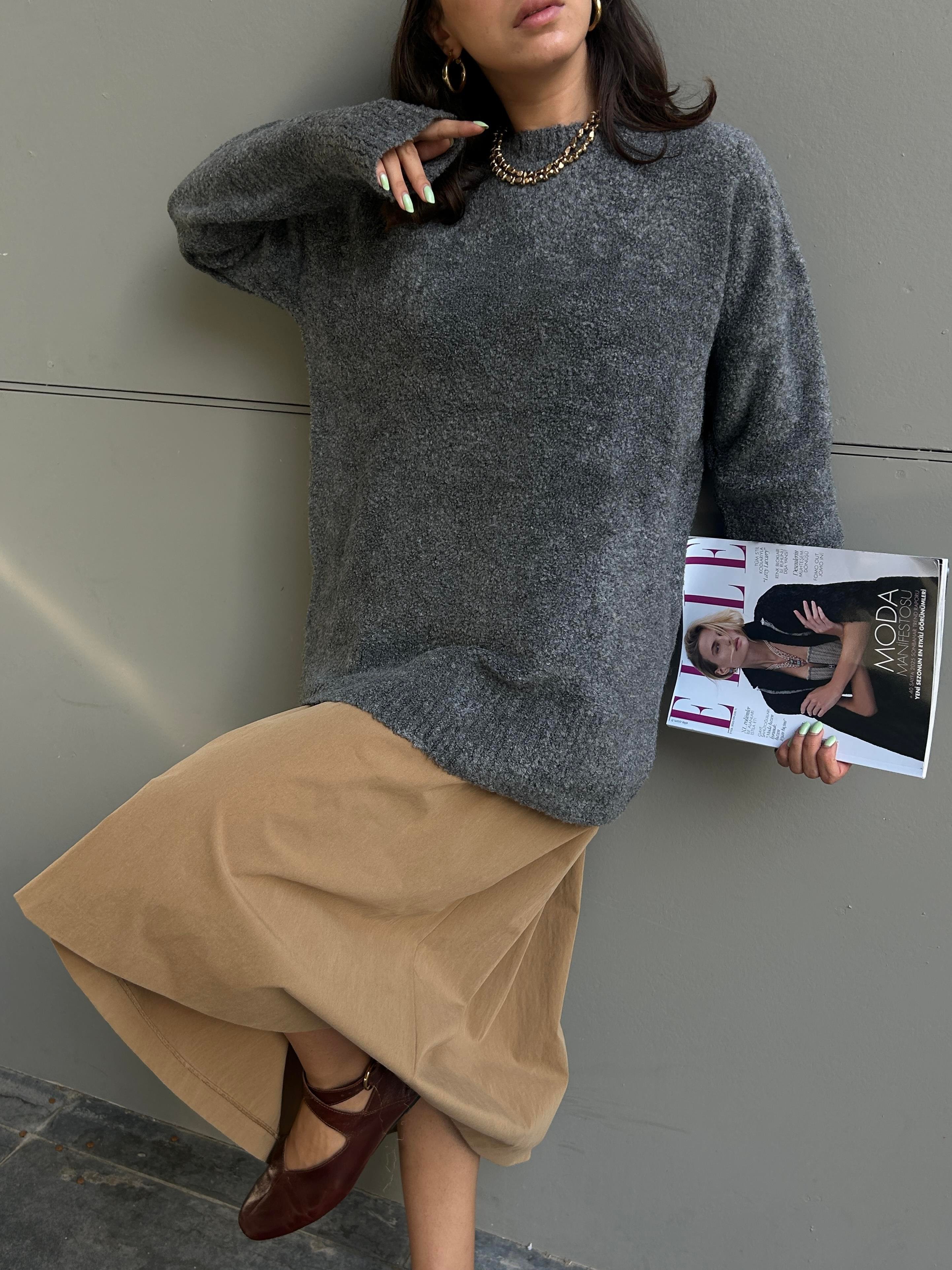 Kadın Antrasit Oversize Buklet Triko Uzun Kazak 6222