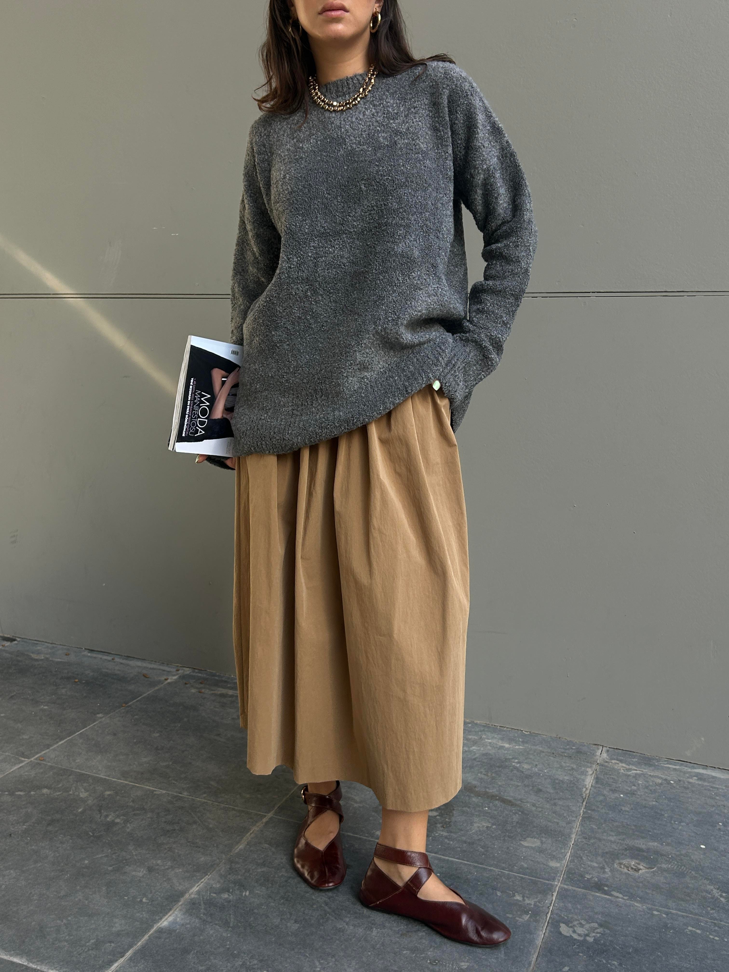 Kadın Antrasit Oversize Buklet Triko Uzun Kazak 6222