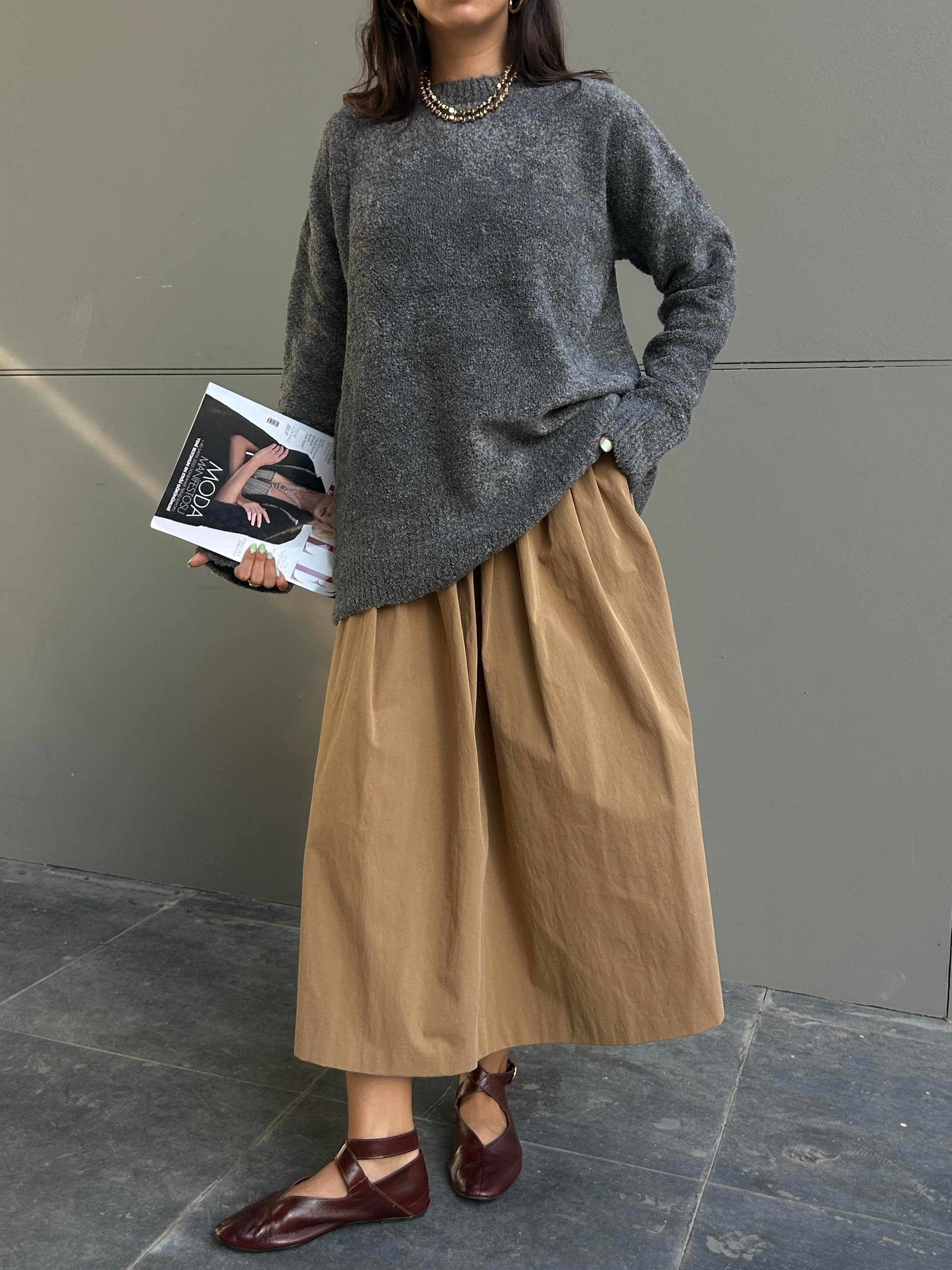 Kadın Antrasit Oversize Buklet Triko Uzun Kazak 6222