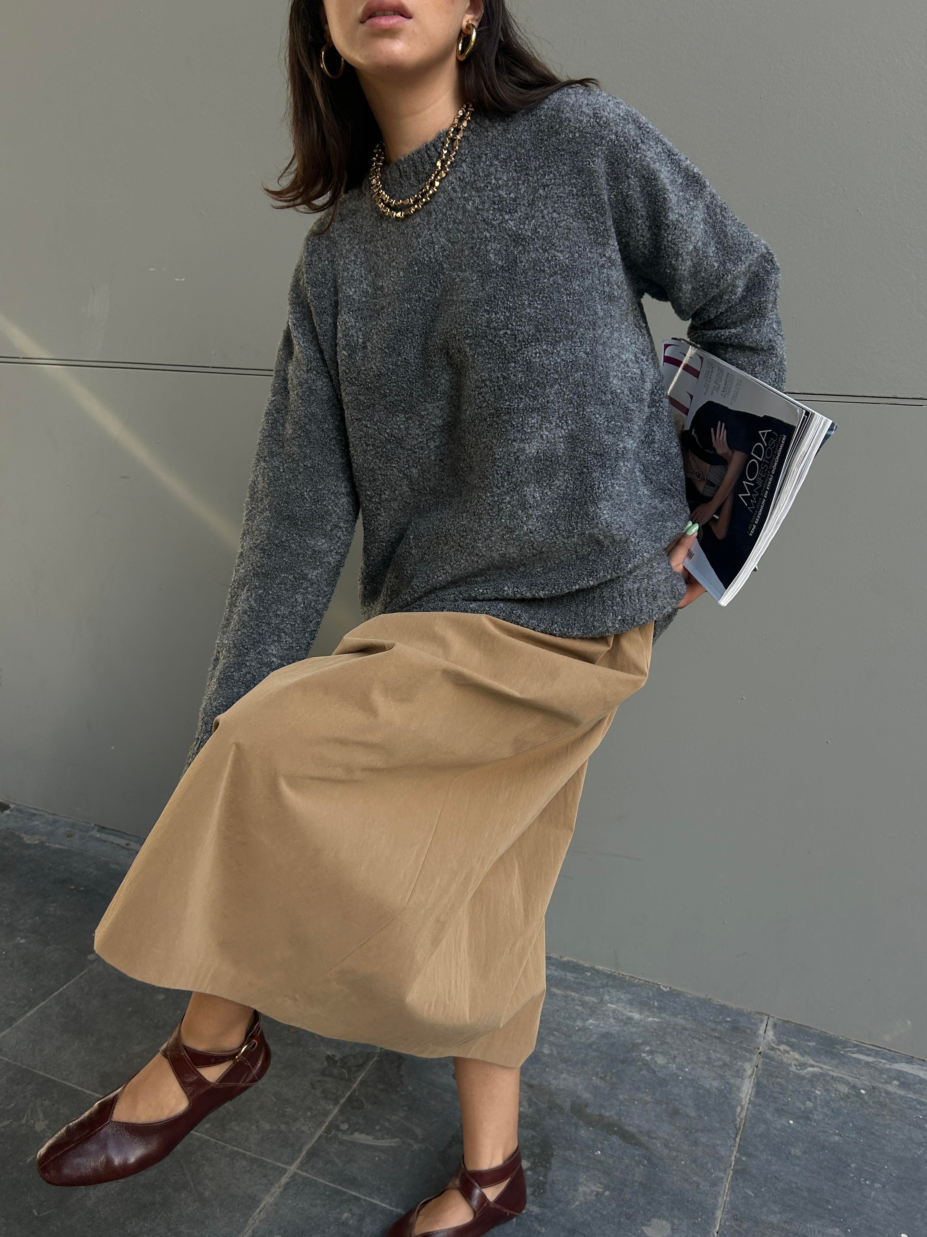 Kadın Antrasit Oversize Buklet Triko Uzun Kazak 6222