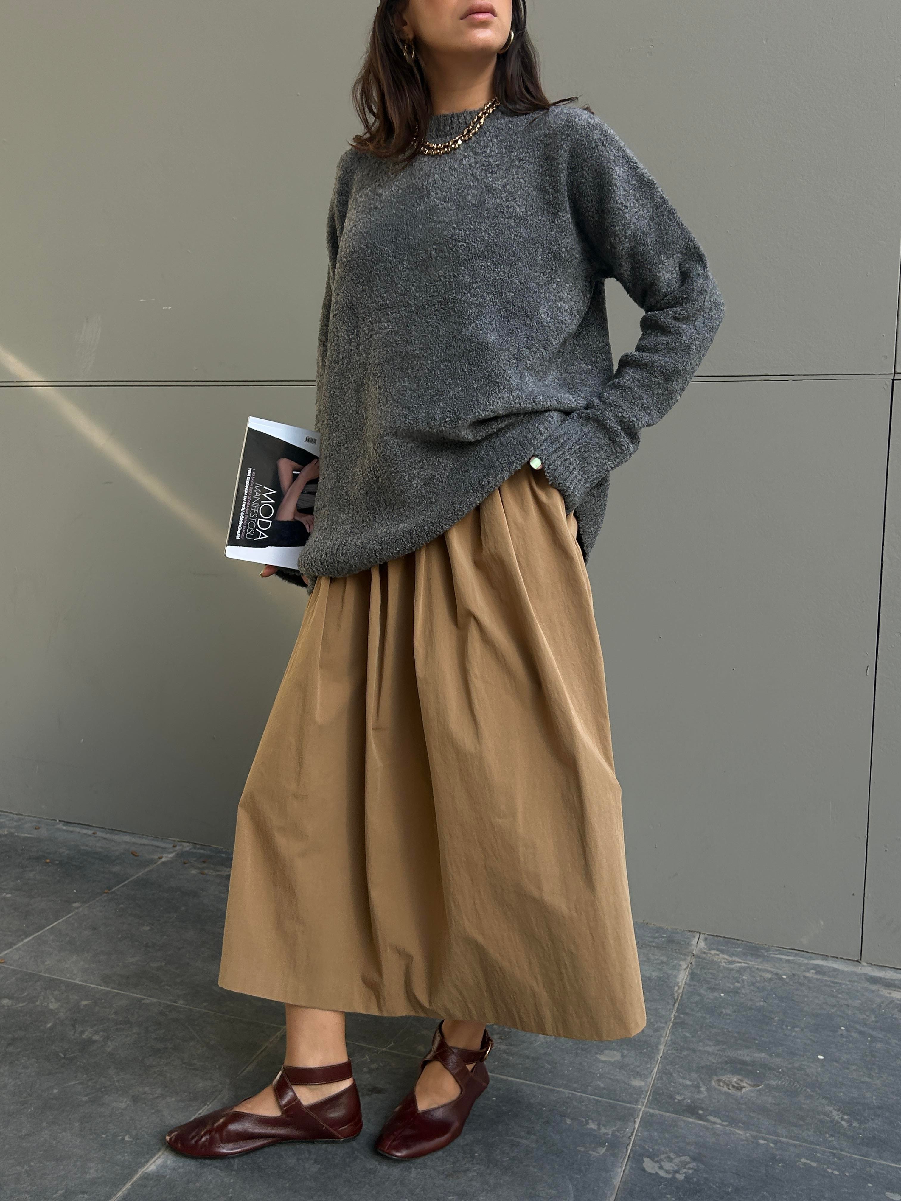 Kadın Antrasit Oversize Buklet Triko Uzun Kazak 6222