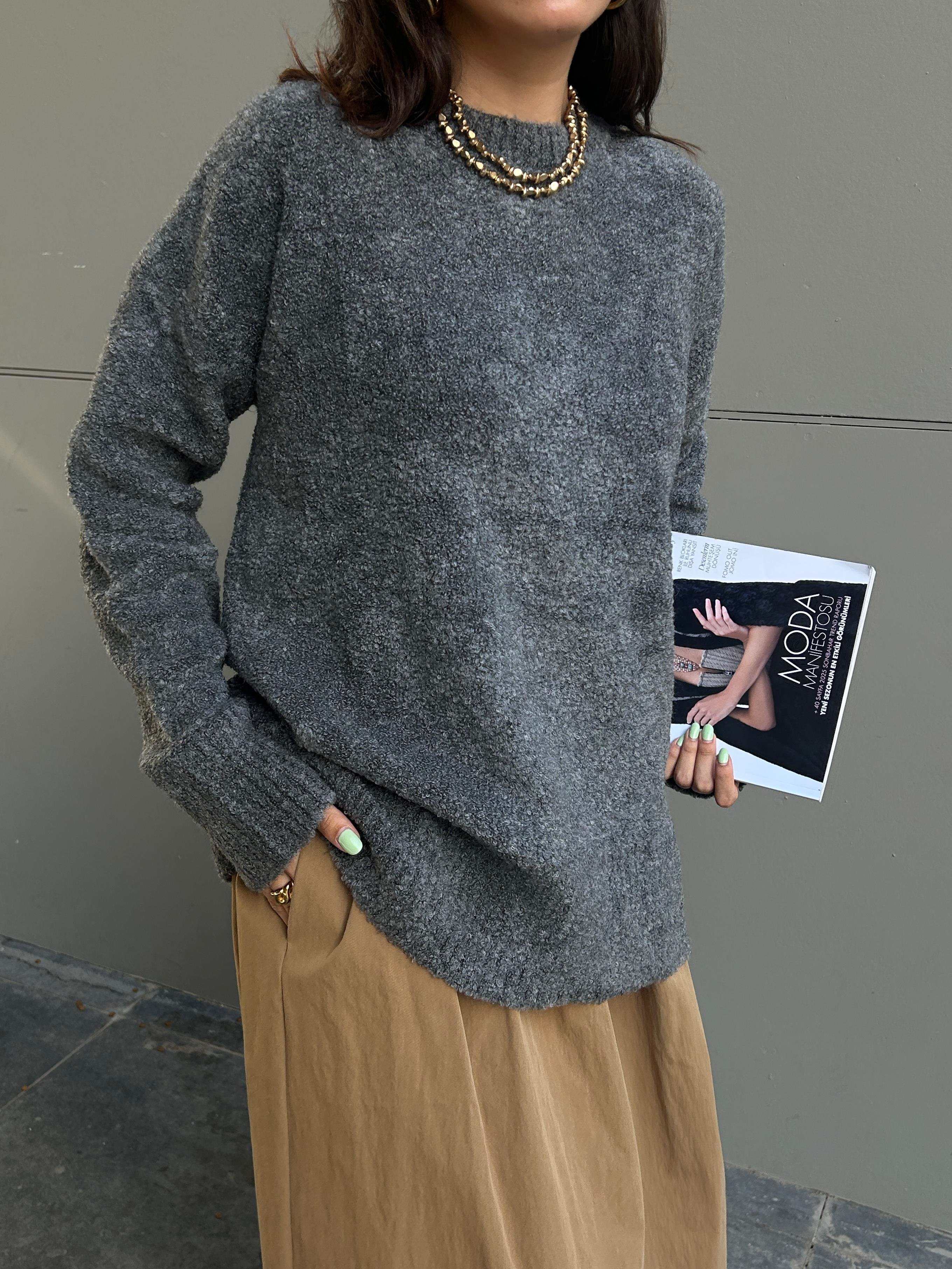 Kadın Antrasit Oversize Buklet Triko Uzun Kazak 6222