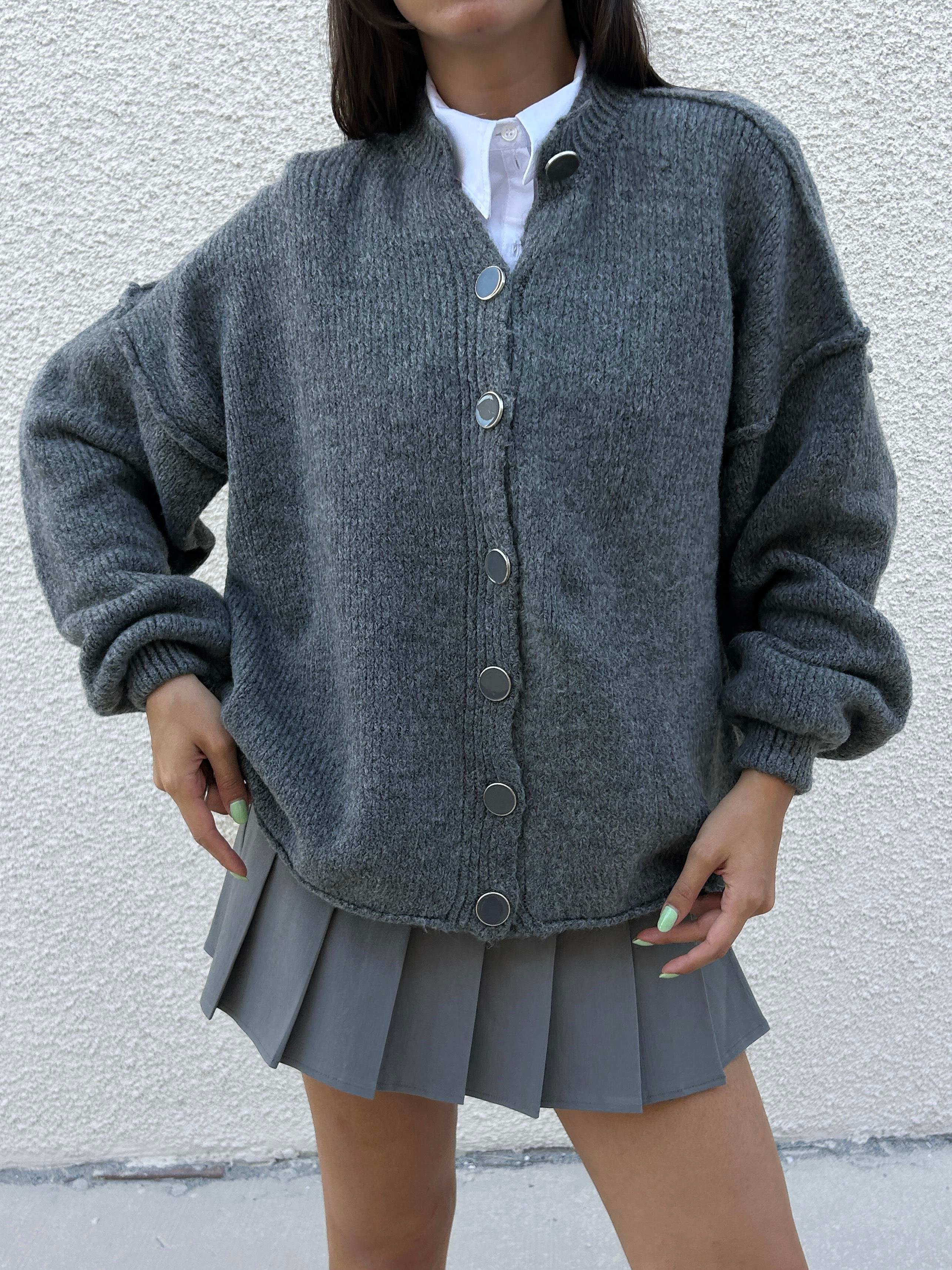 Kadın Antrasit Oversize Triko Hırka Pis Dikişli 7000