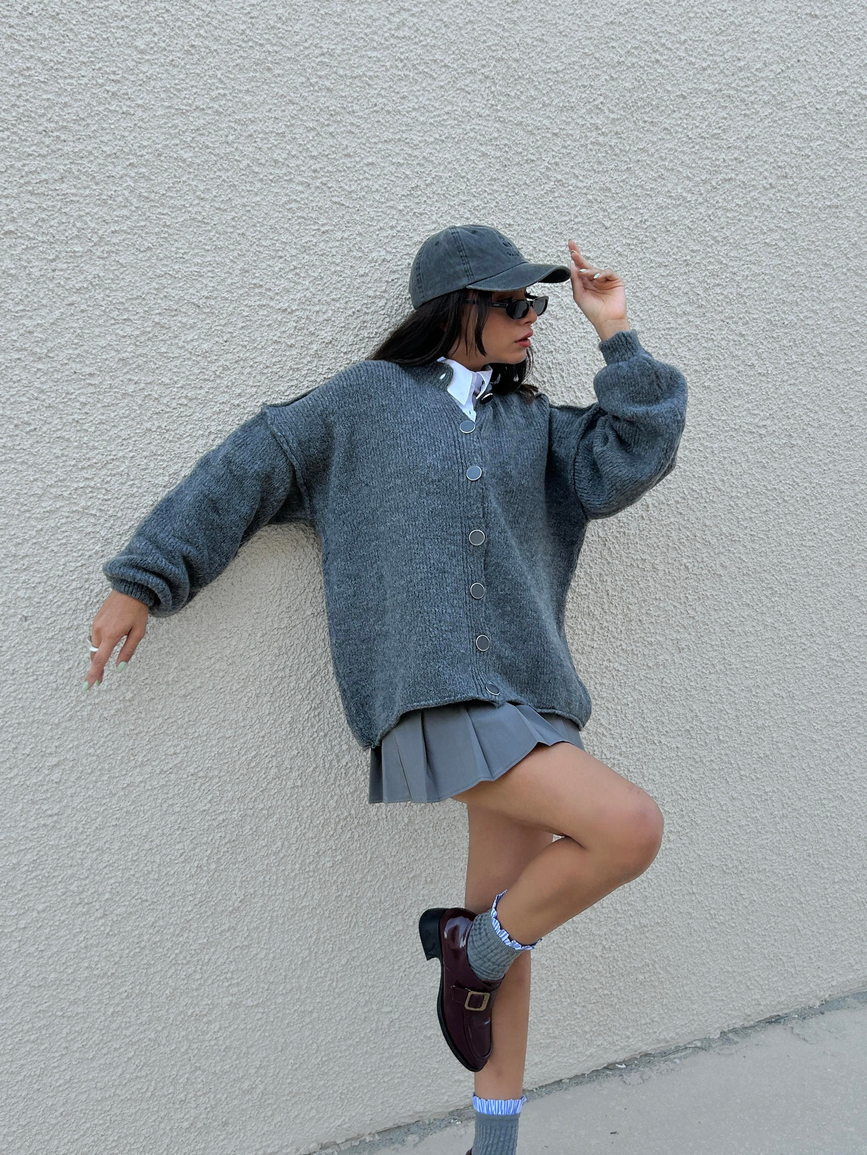 Kadın Antrasit Oversize Triko Hırka Pis Dikişli 7000