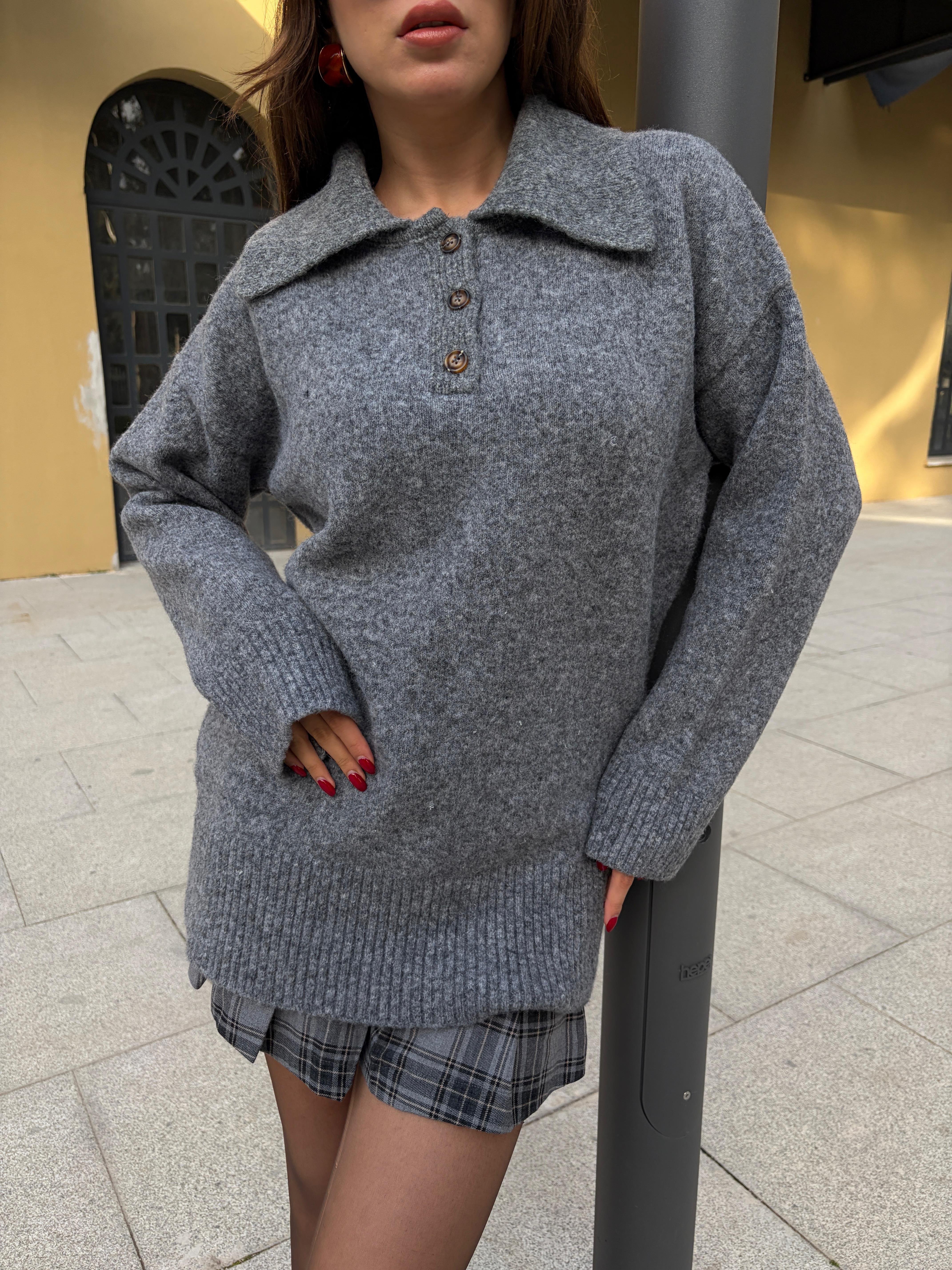 Kadın Antrasit Polo Yaka Kazak Tunik Boy 7036