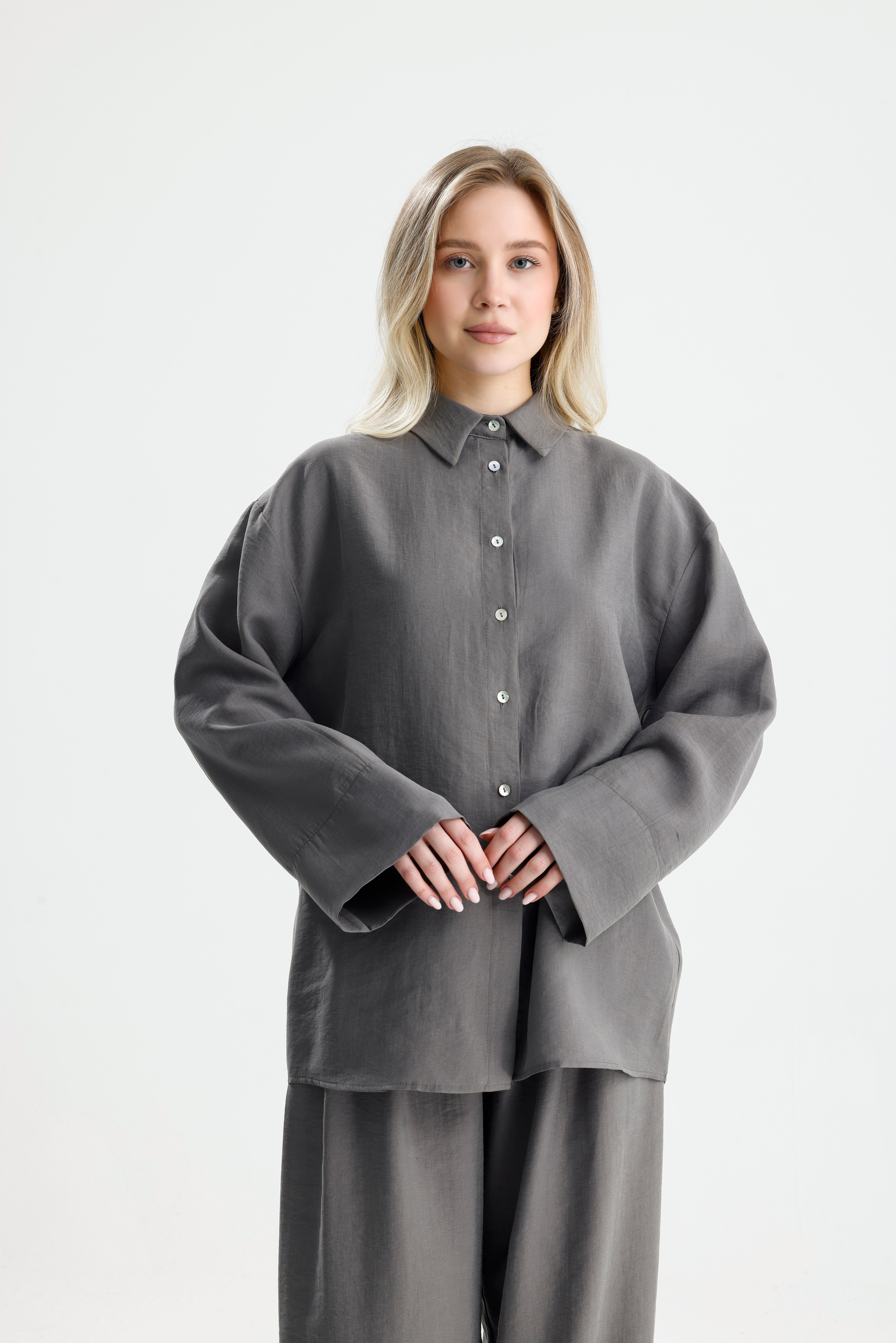 Kadın Antrasit  Premium Kumaş Oversize Gömlek 31084