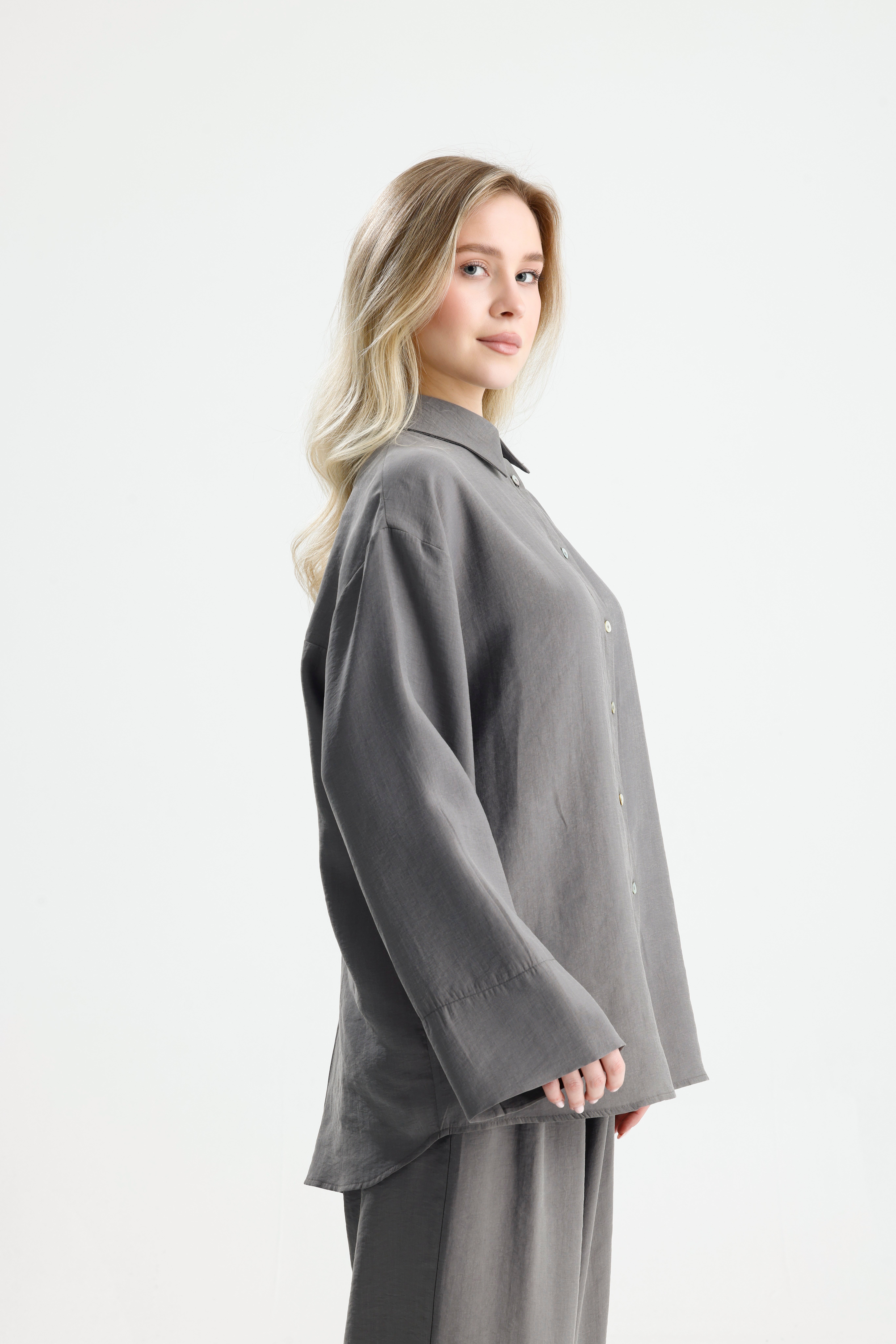 Kadın Antrasit  Premium Kumaş Oversize Gömlek 31084
