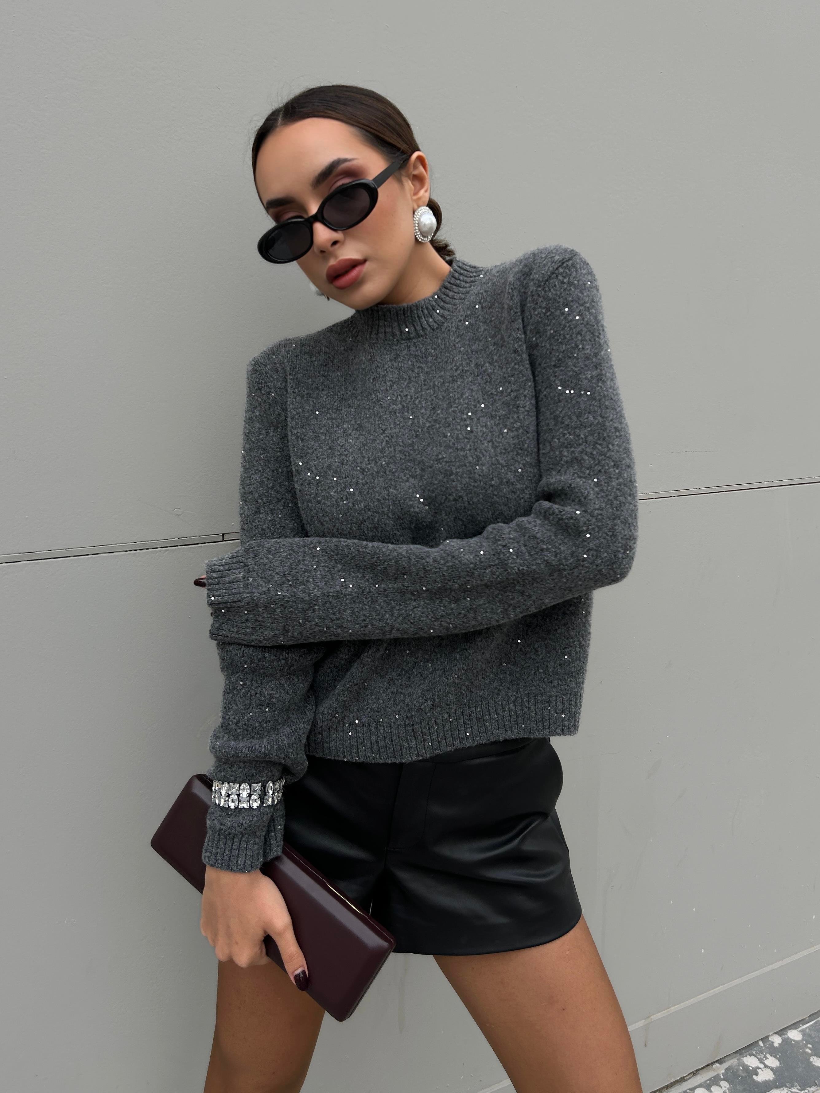 Kadın Antrasit Triko Pullu Simli Bisiklet Yaka Kazak 5591