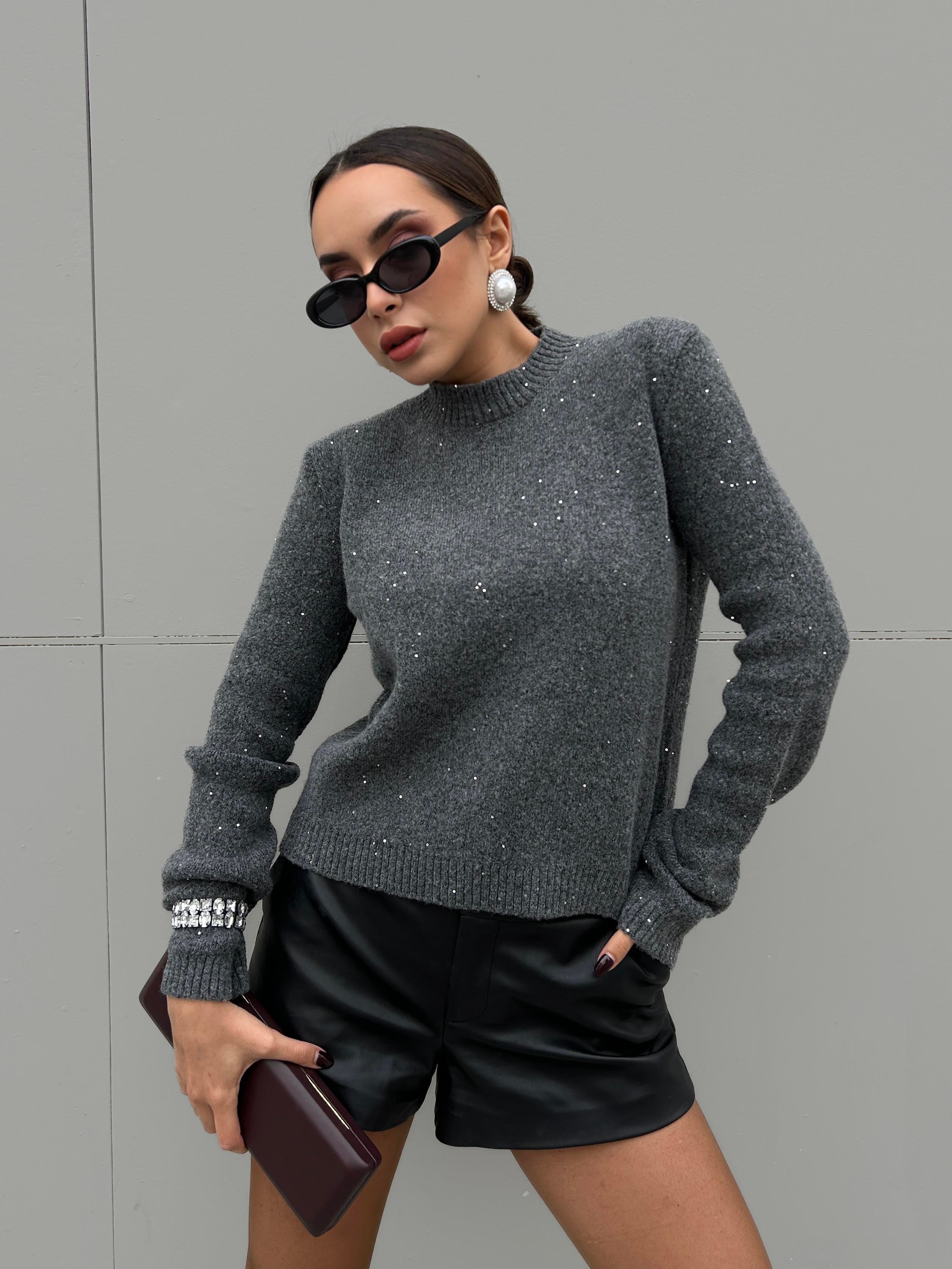 Kadın Antrasit Triko Pullu Simli Bisiklet Yaka Kazak 5591