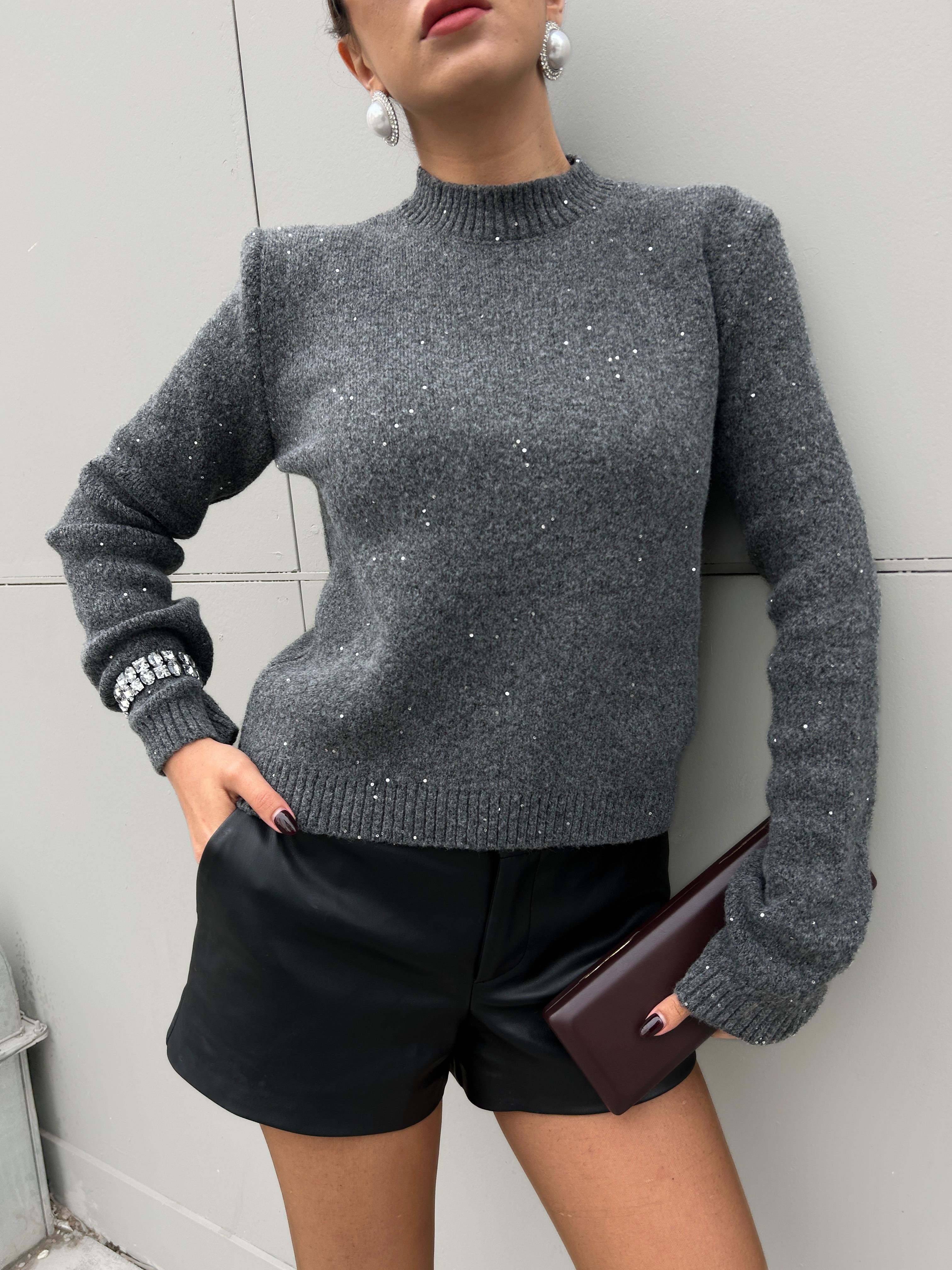 Kadın Antrasit Triko Pullu Simli Bisiklet Yaka Kazak 5591