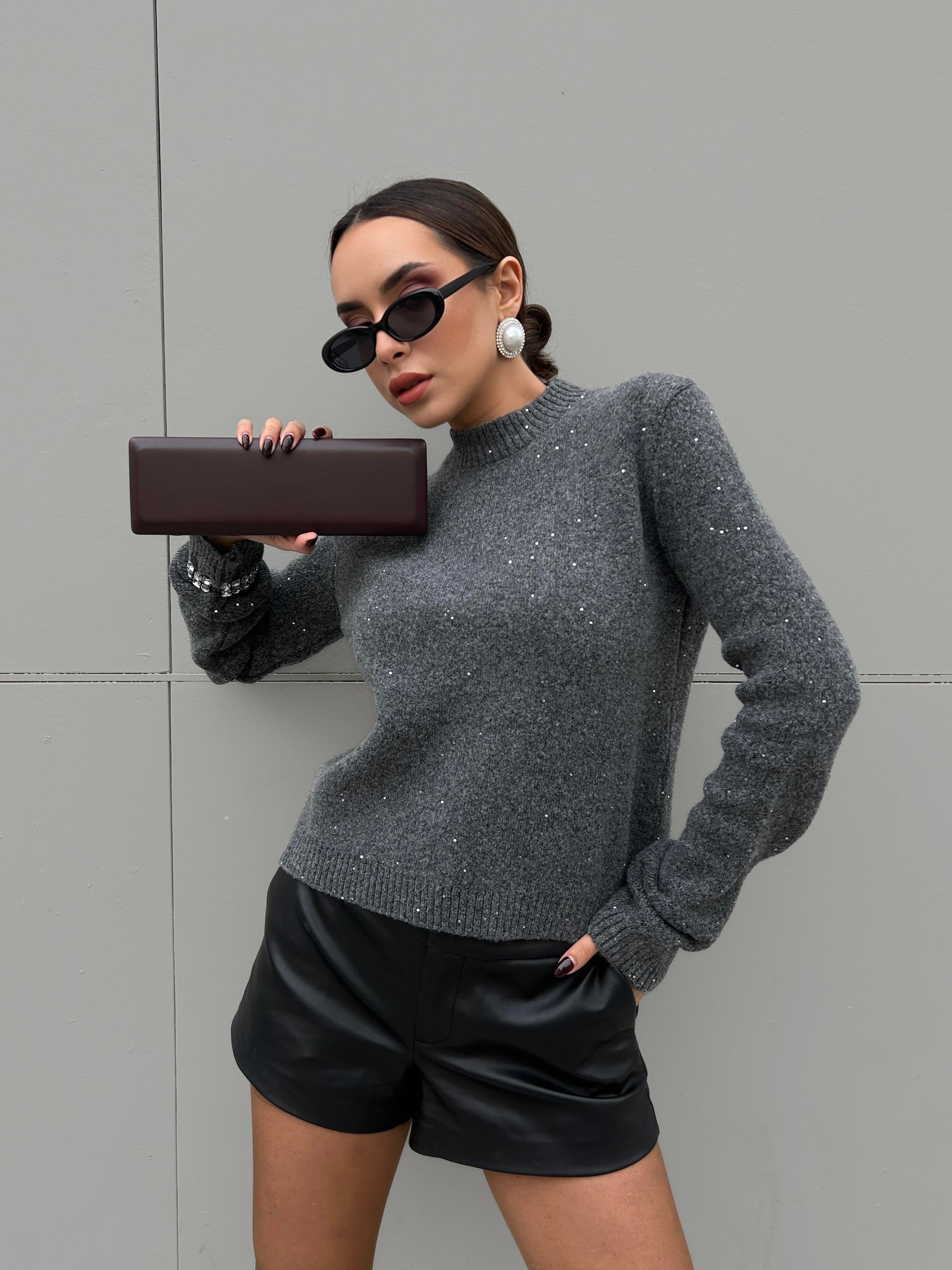 Kadın Antrasit Triko Pullu Simli Bisiklet Yaka Kazak 5591