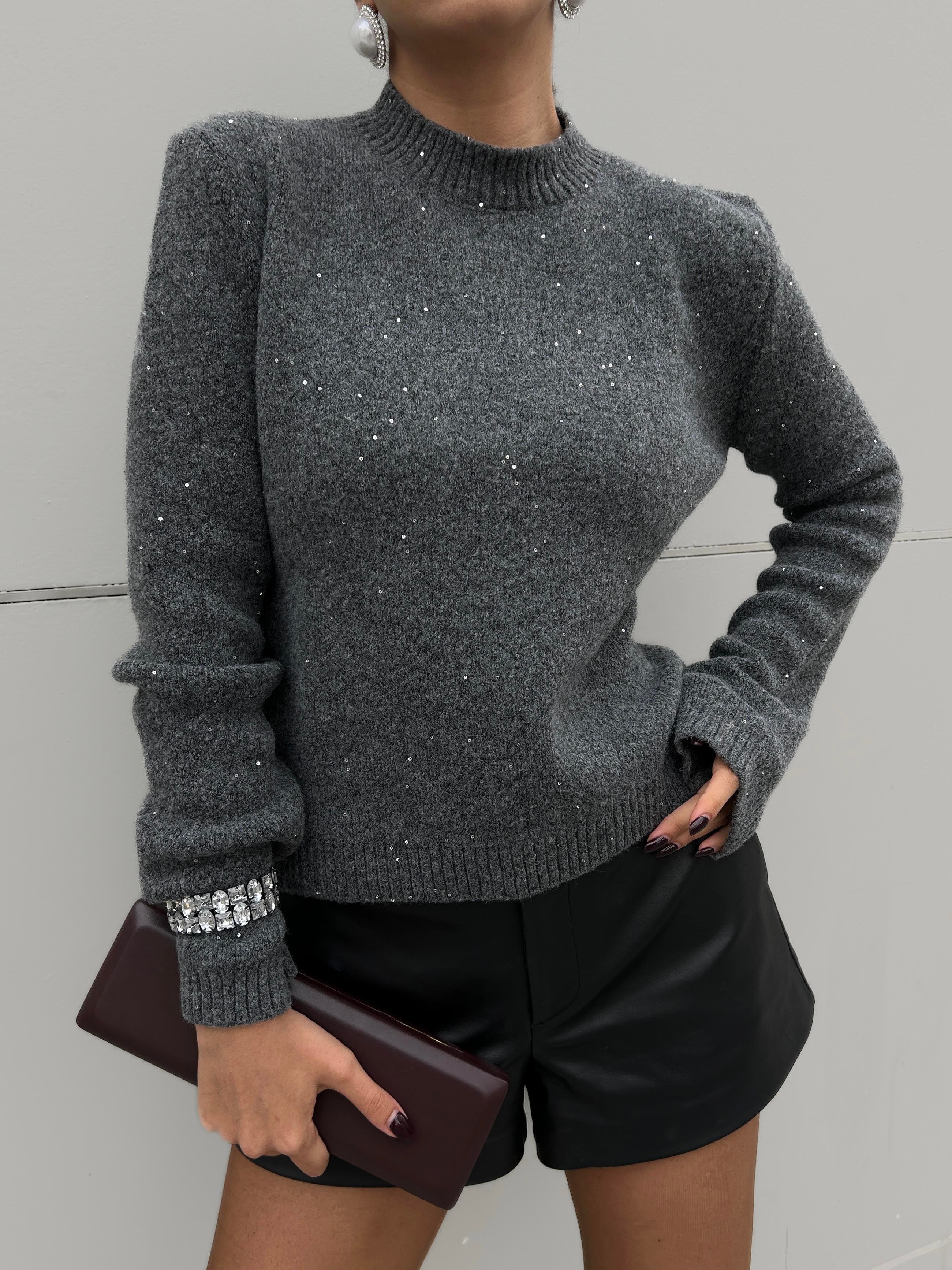 Kadın Antrasit Triko Pullu Simli Bisiklet Yaka Kazak 5591