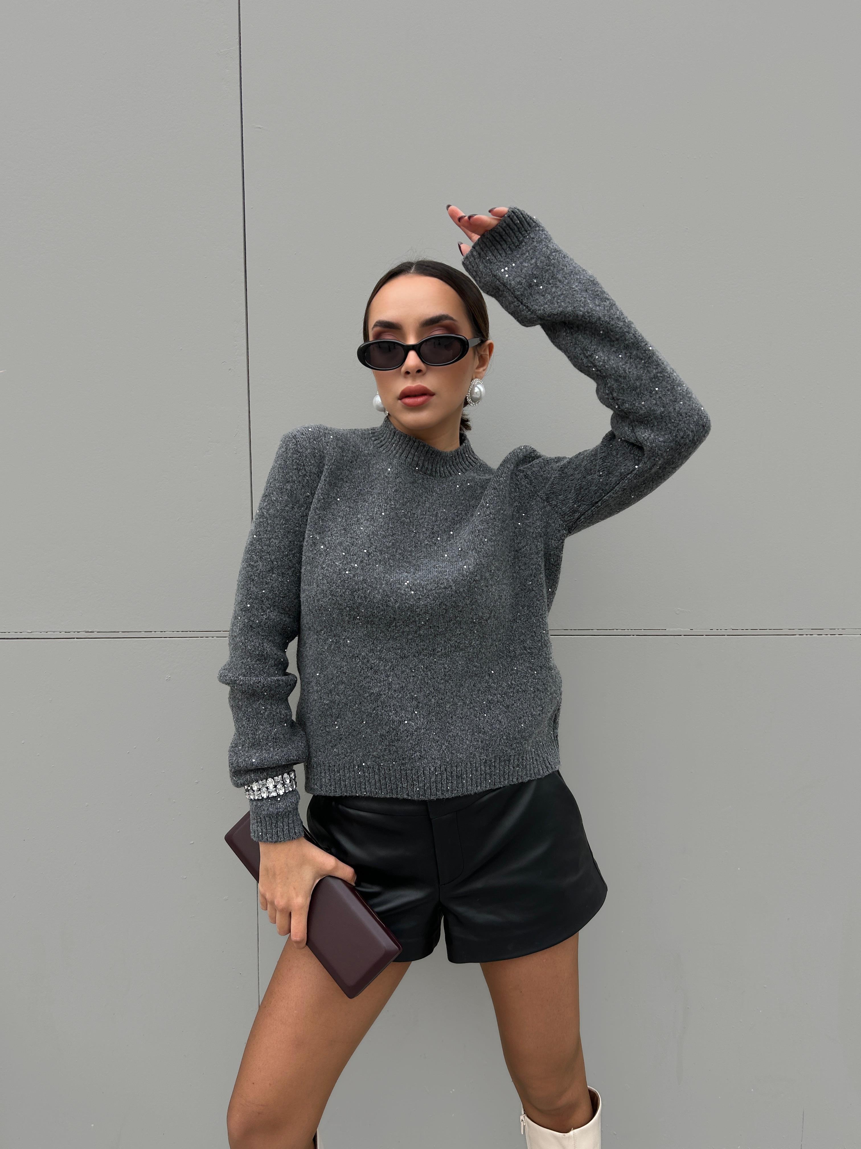 Kadın Antrasit Triko Pullu Simli Bisiklet Yaka Kazak 5591