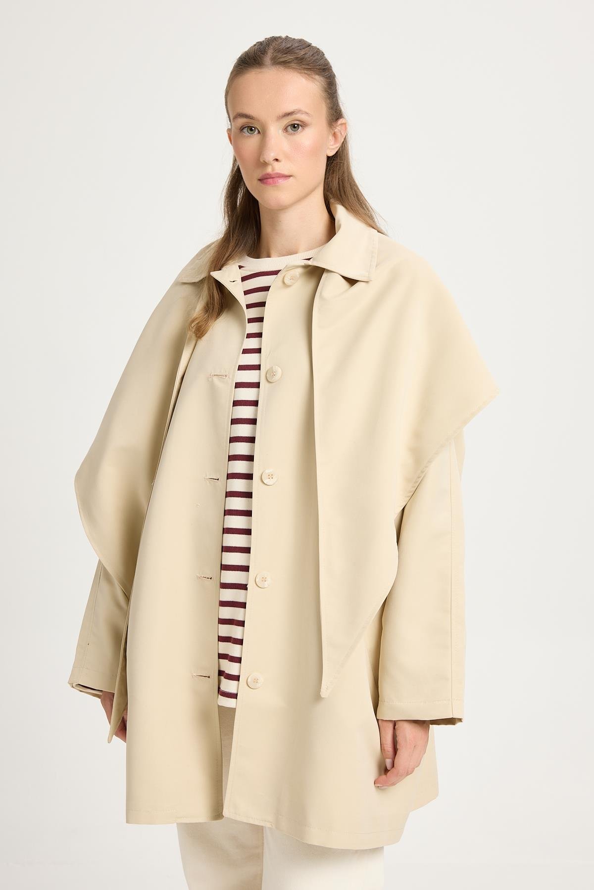 Kadın Bej Oversize Seyyar Yakalı Astarlı Tasarım trençkot 30009