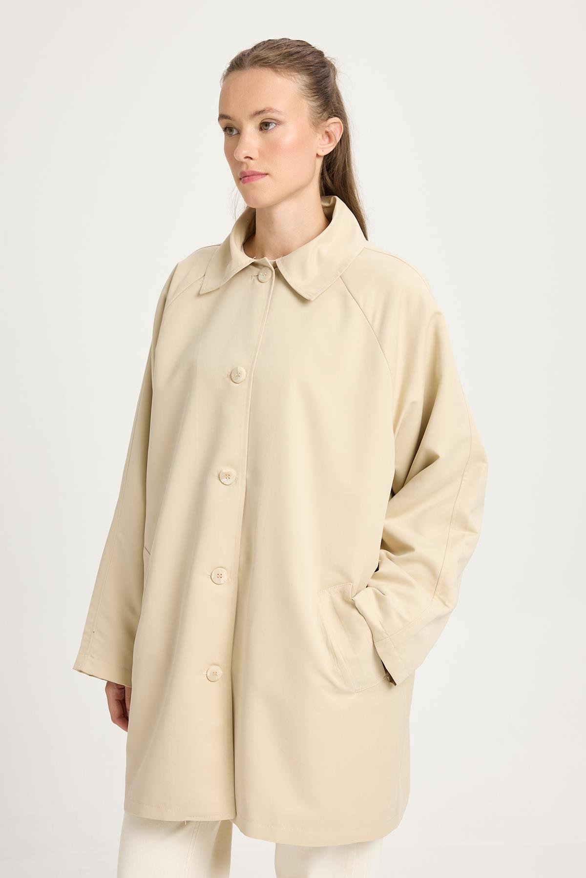 Kadın Bej Oversize Seyyar Yakalı Astarlı Tasarım trençkot 30009