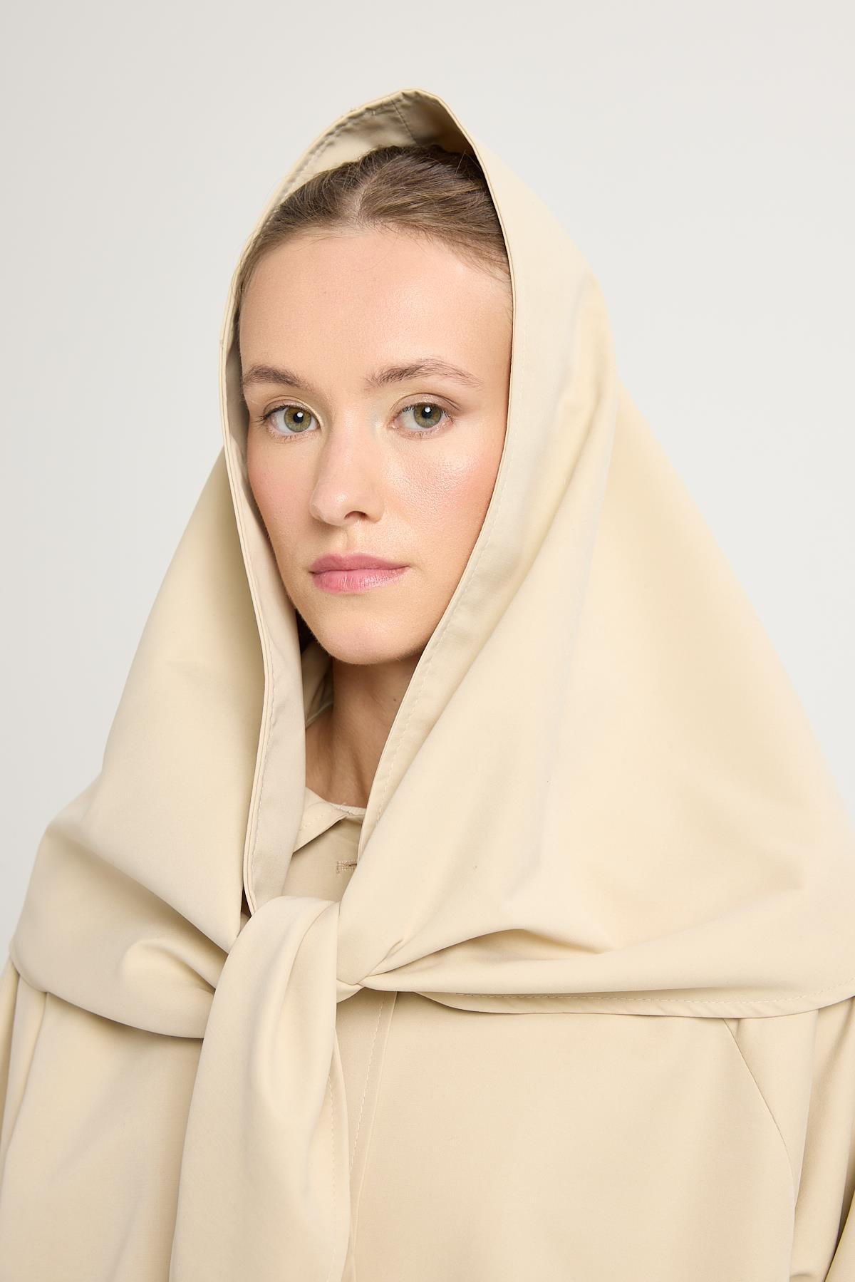 Kadın Bej Oversize Seyyar Yakalı Astarlı Tasarım trençkot 30009