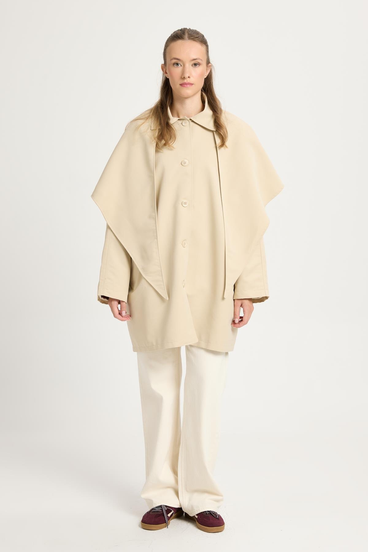 Kadın Bej Oversize Seyyar Yakalı Astarlı Tasarım trençkot 30009