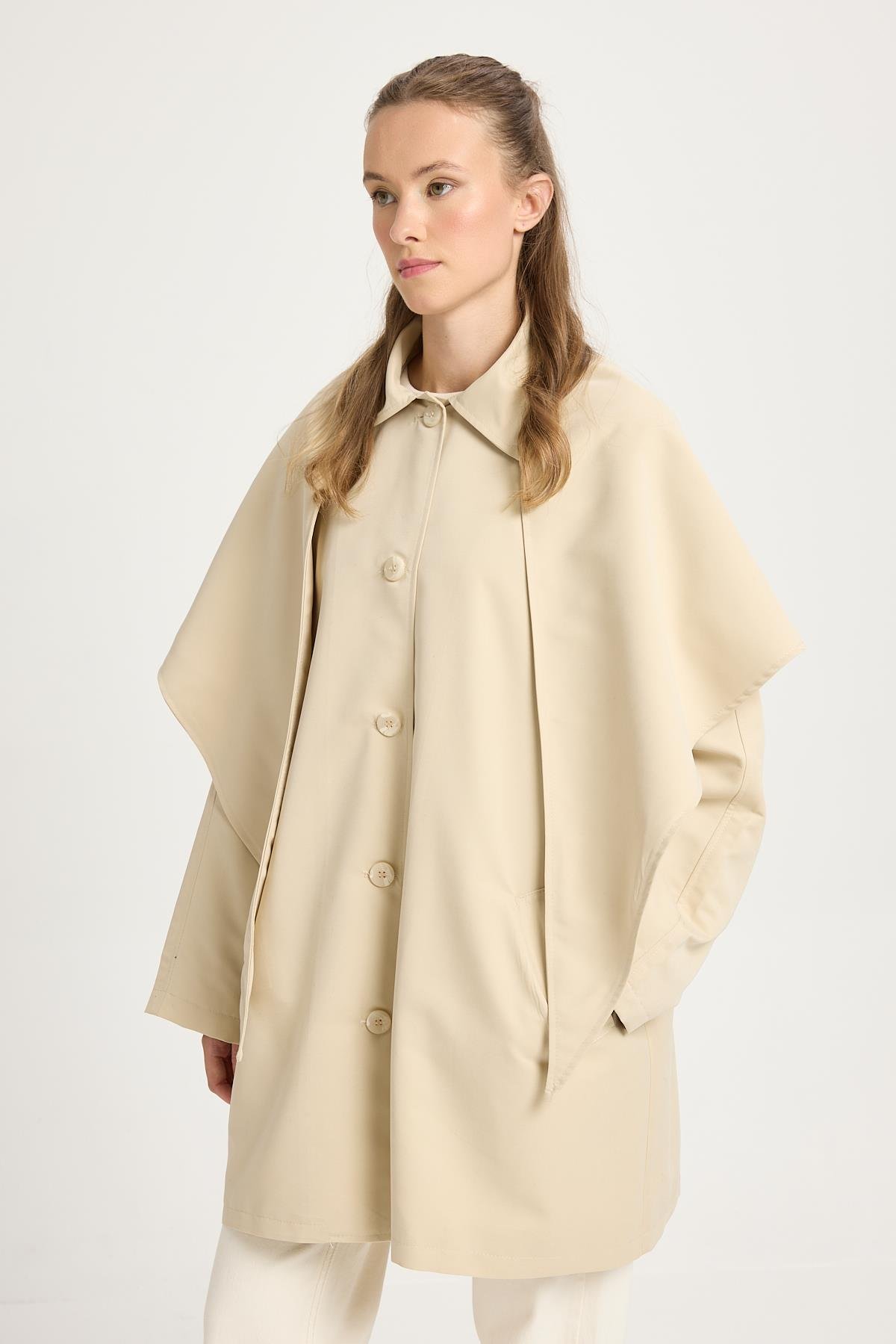 Kadın Bej Oversize Seyyar Yakalı Astarlı Tasarım trençkot 30009