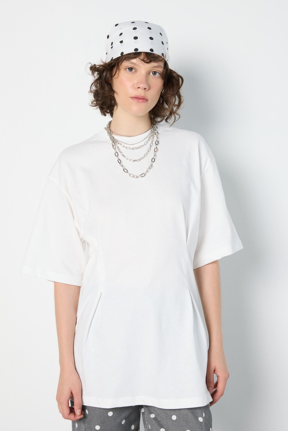 Kadın Bel Detaylı Oversize T-shirt Ekru
