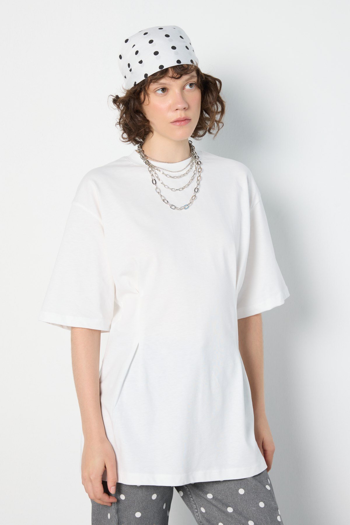 Kadın Bel Detaylı Oversize T-shirt Ekru