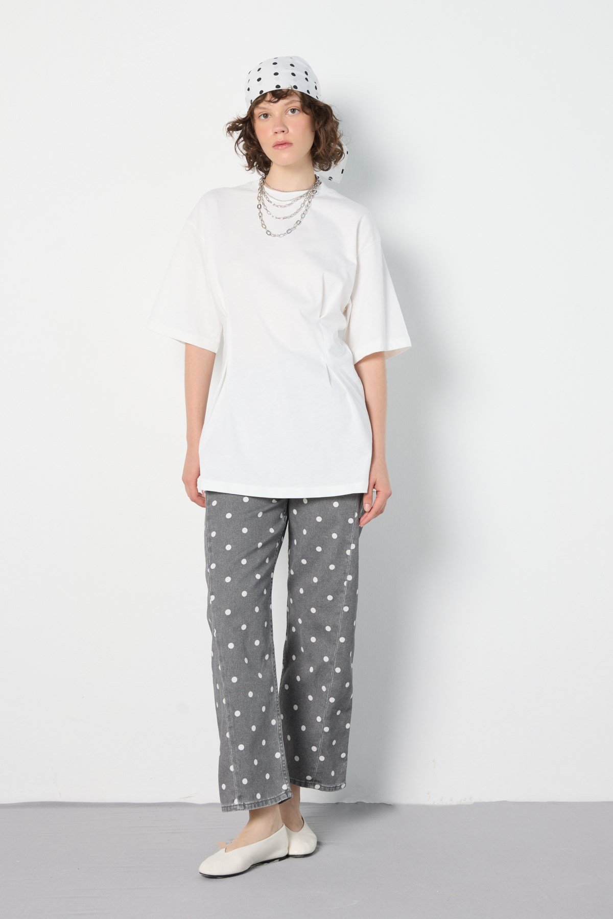 Kadın Bel Detaylı Oversize T-shirt Ekru