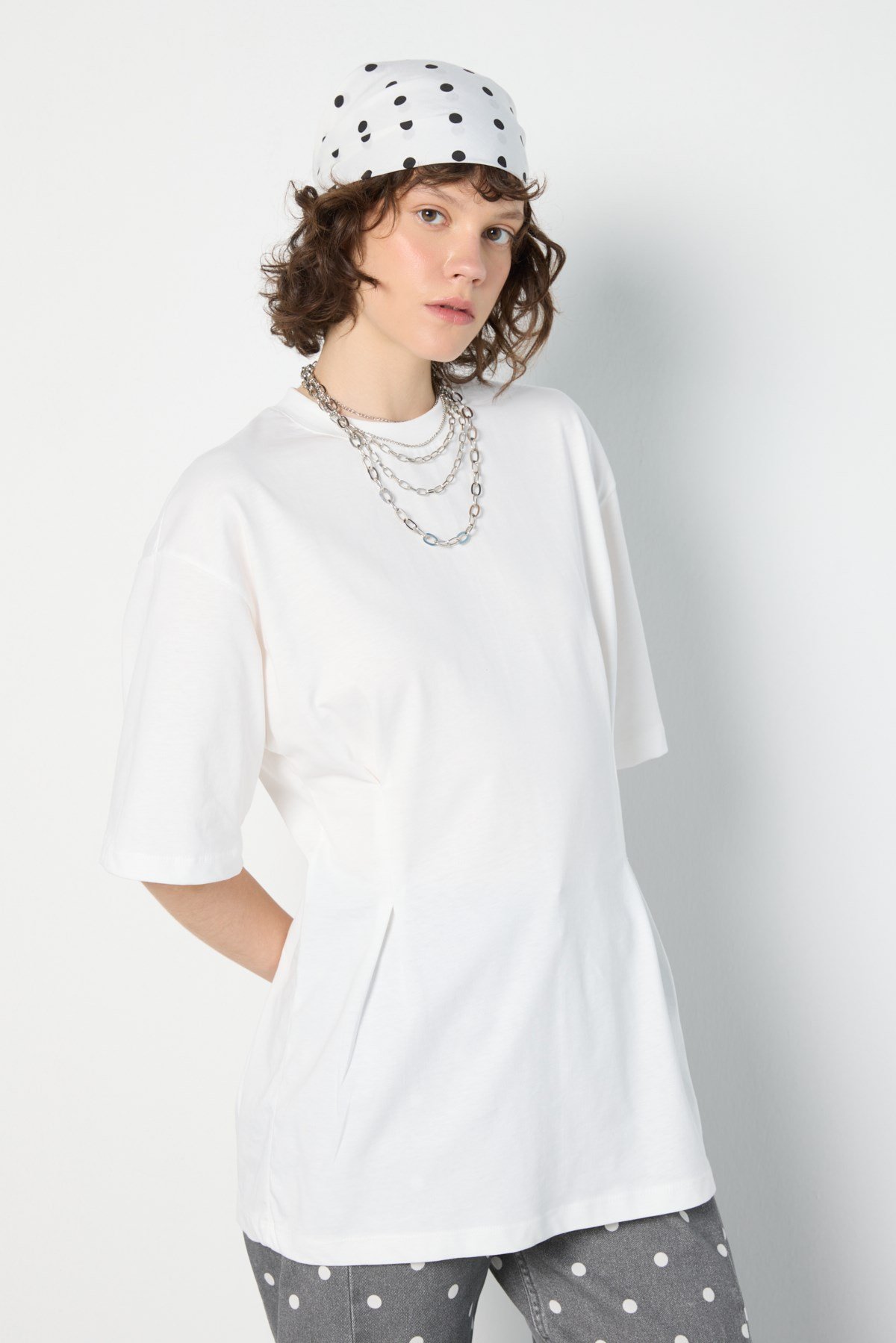 Kadın Bel Detaylı Oversize T-shirt Ekru