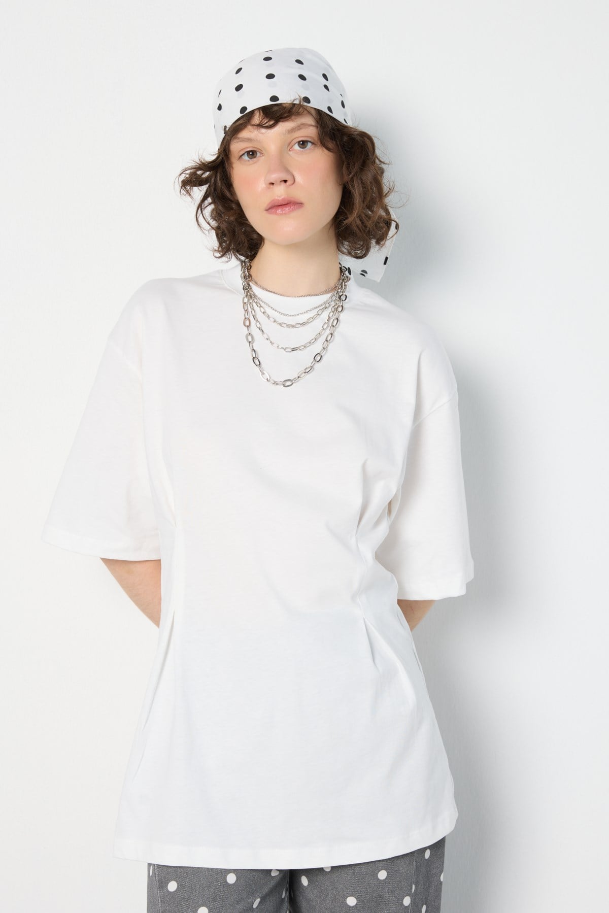 Kadın Bel Detaylı Oversize T-shirt Ekru