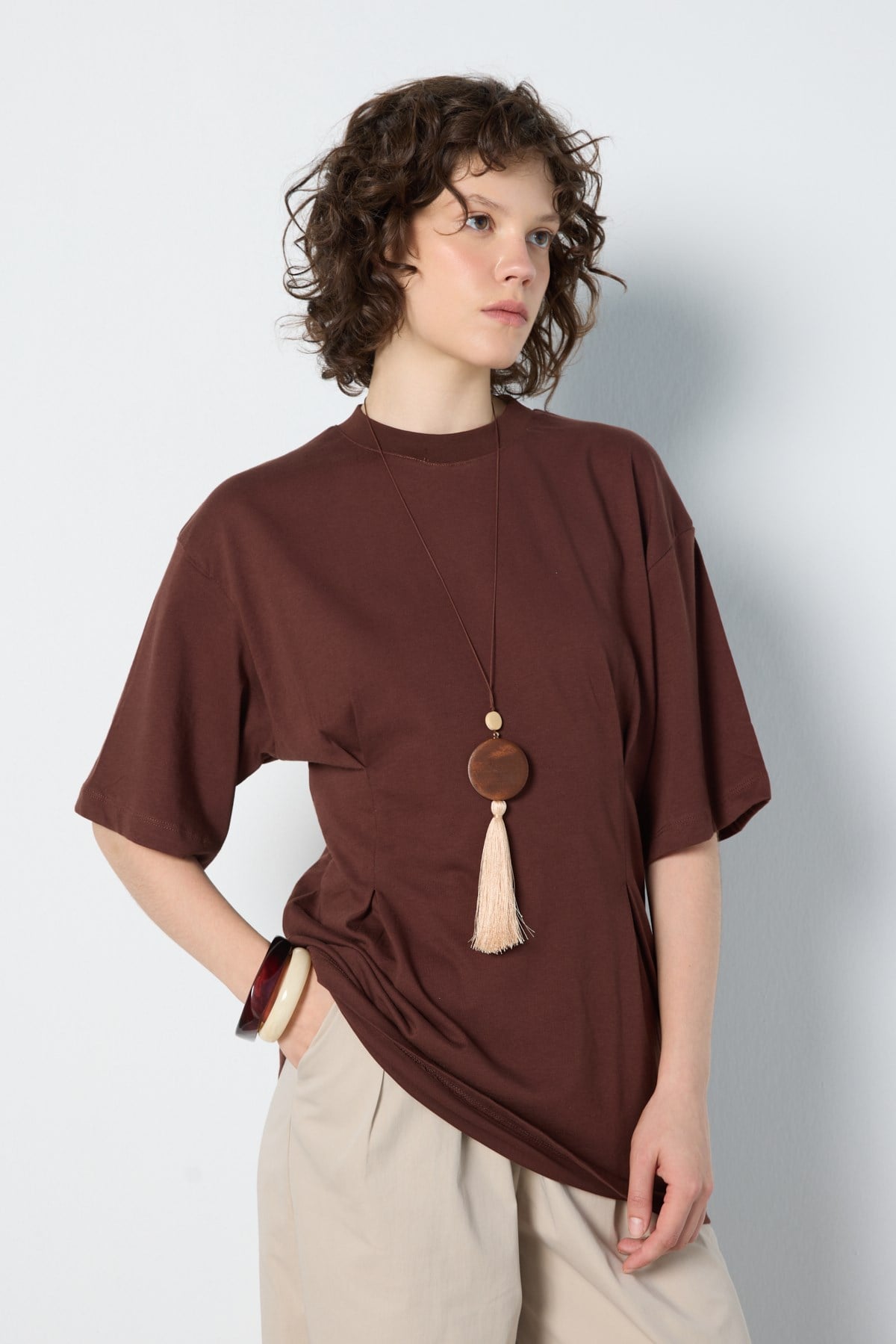 Kadın Bel Detaylı Oversize T-shirt Kahverengi