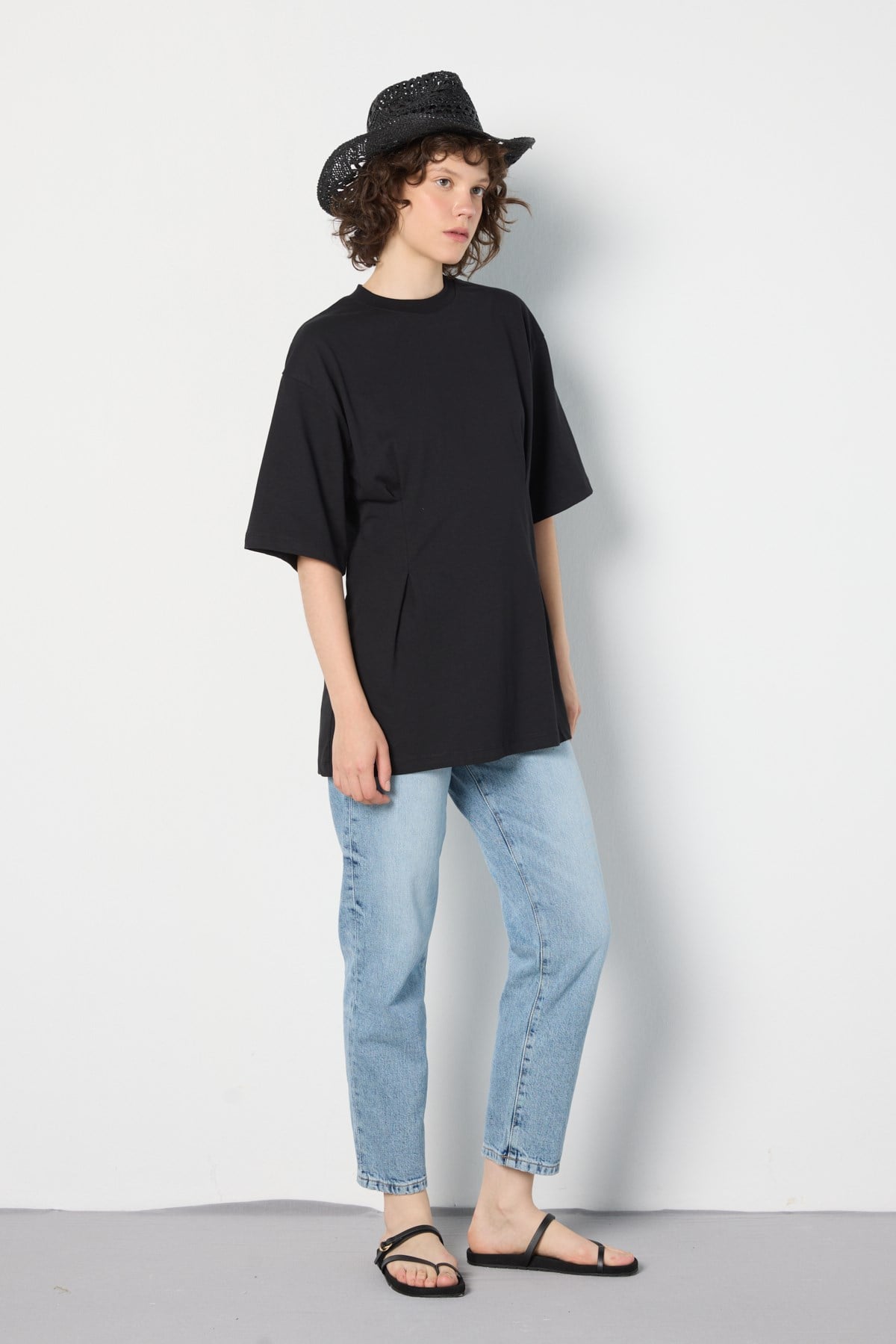 Kadın Bel Detaylı Oversize T-shirt Siyah